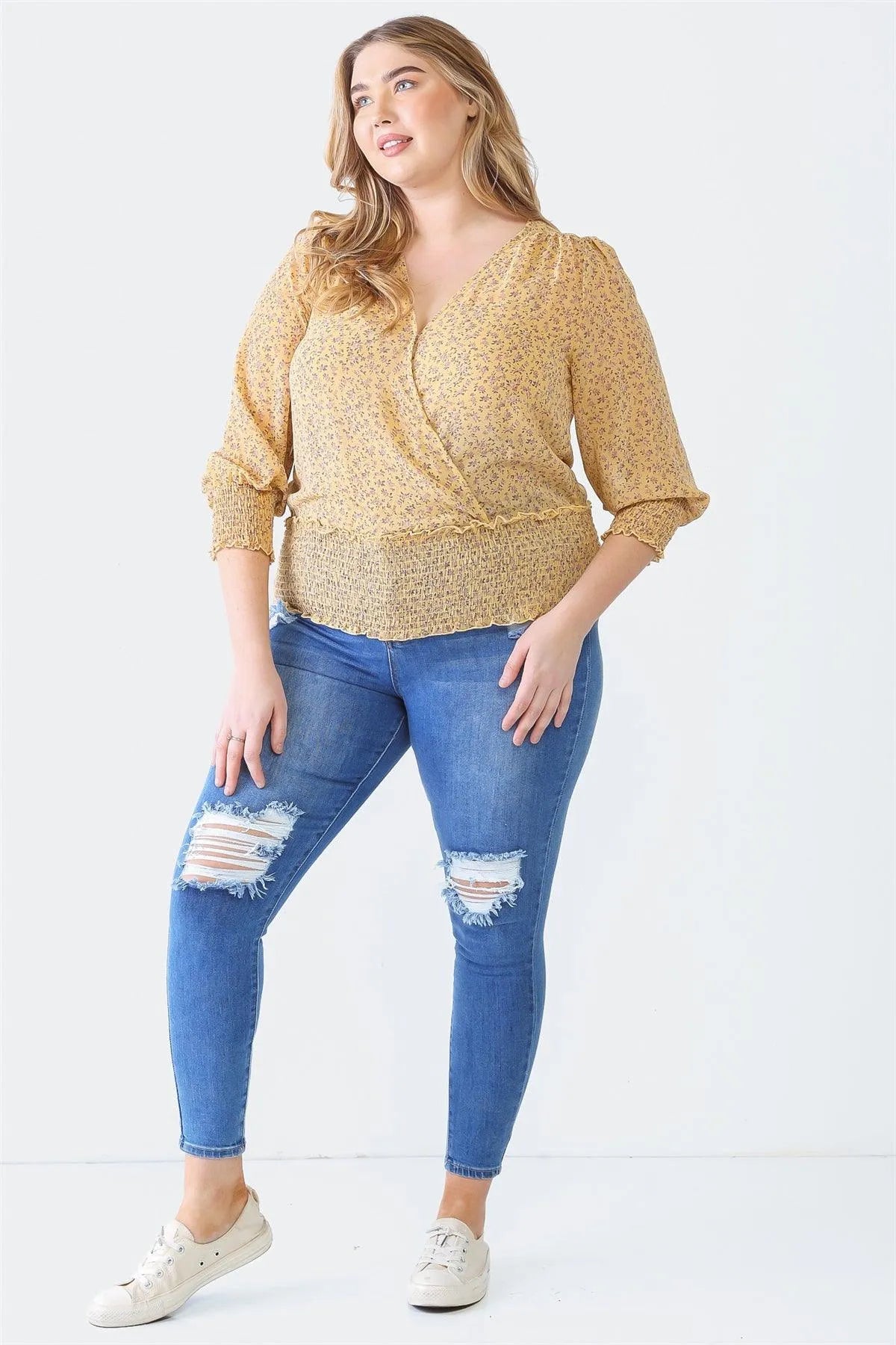 Junior Plus Yellow Floral Print Chiffon Wrap V-Neck Long Sleeve Smocked Top /1-1-1 - Tasha Apparel Wholesale