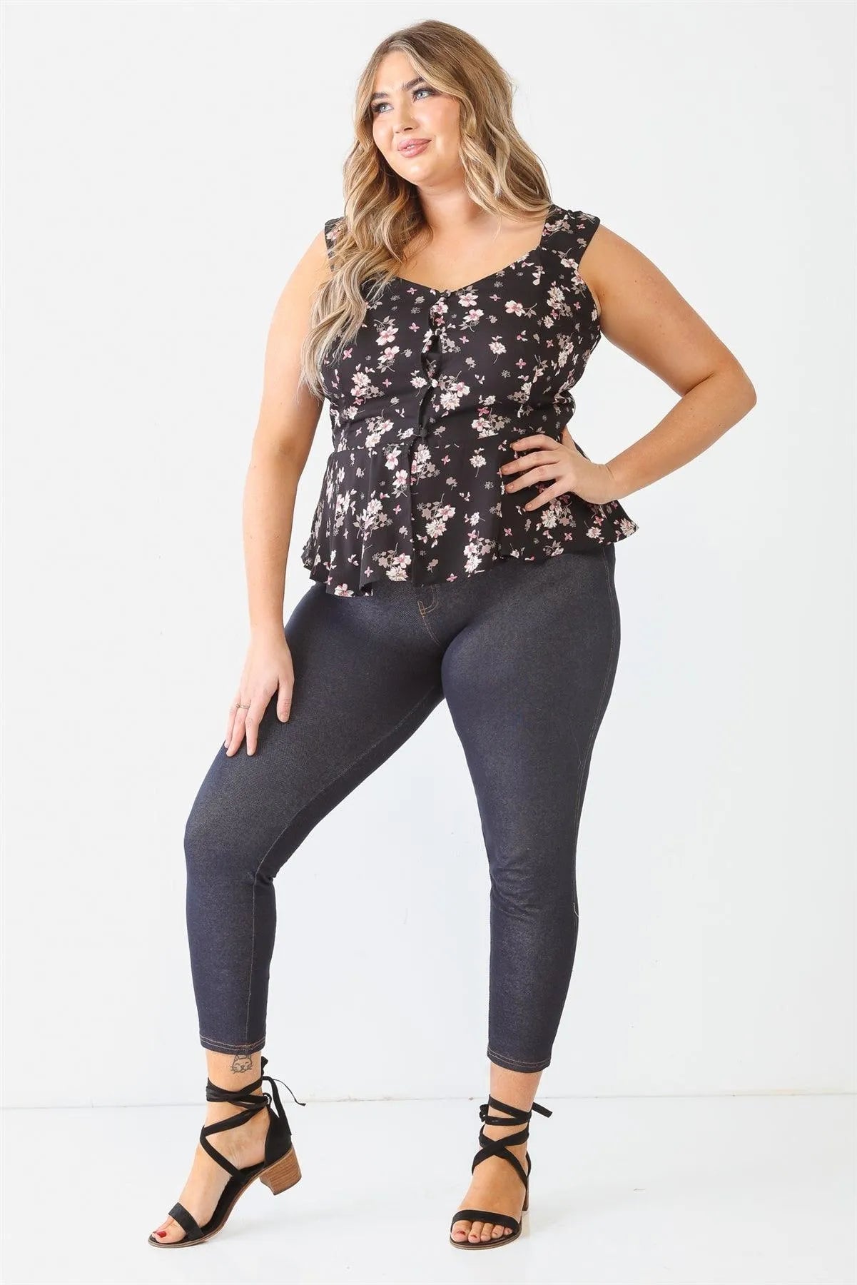 Plus Size Black Floral Button-Up Sleeveless Flare Hem Top - Tasha Apparel Wholesale