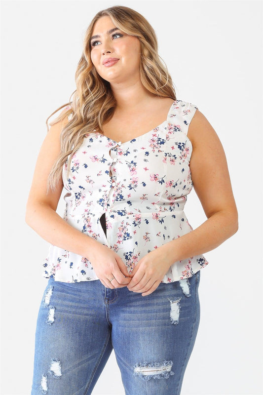 Junior Plus Ivory Floral Button-Up Sleeveless Flare Hem Top /1-1-1