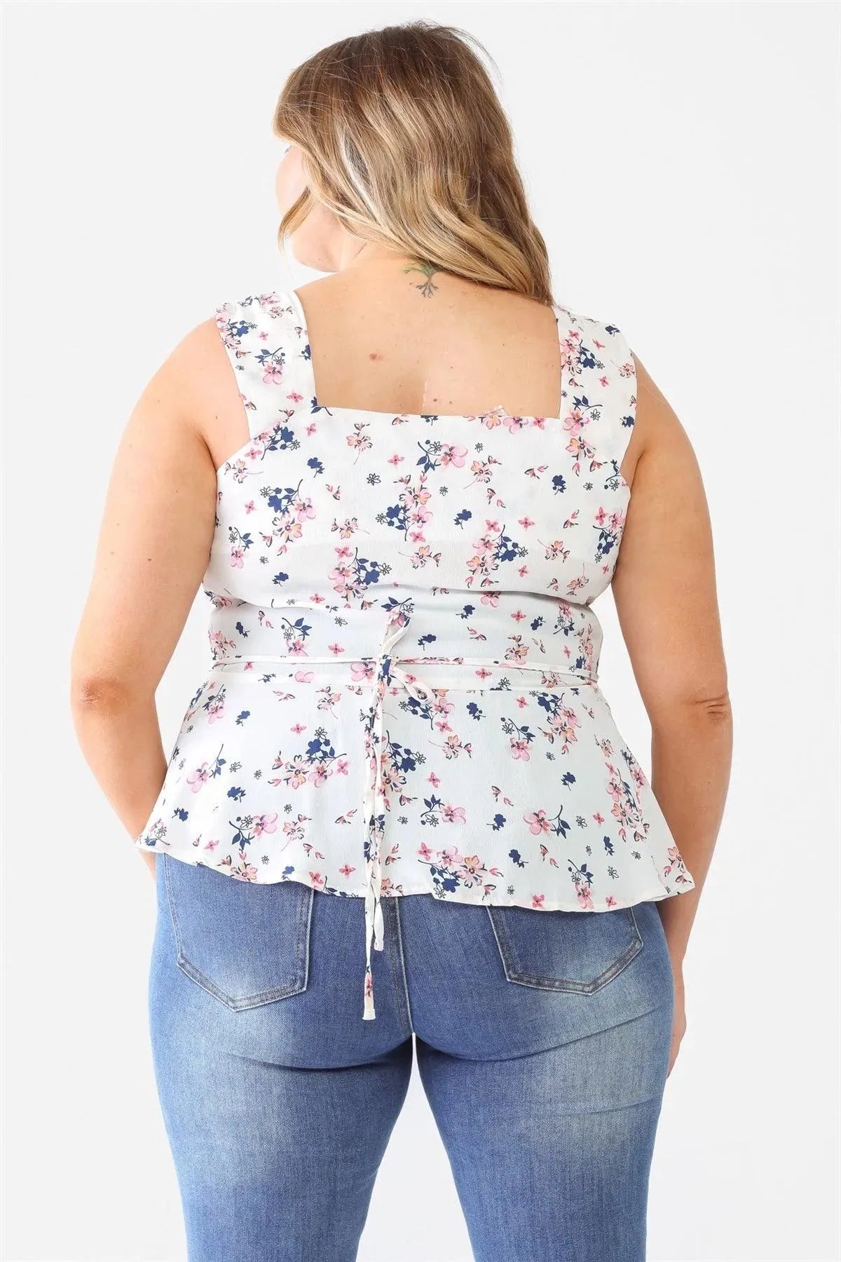 Plus Size Floral Print Sweetheart Neckline Peplum Sleeveless Summer Top - Tasha Apparel Wholesale