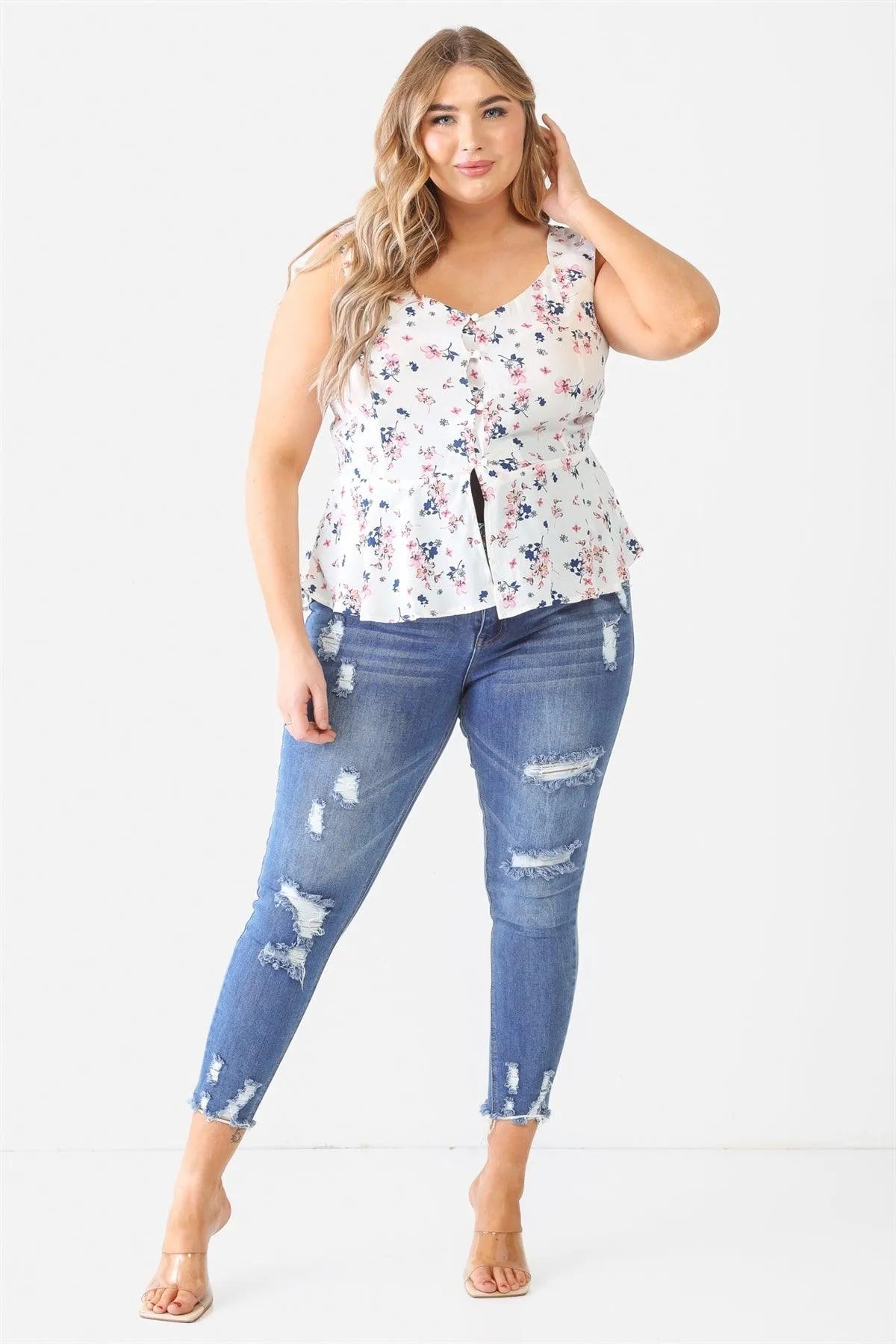 Plus Size ivory Floral Button-Up Sleeveless Flare Hem Top - Tasha Apparel Wholesale