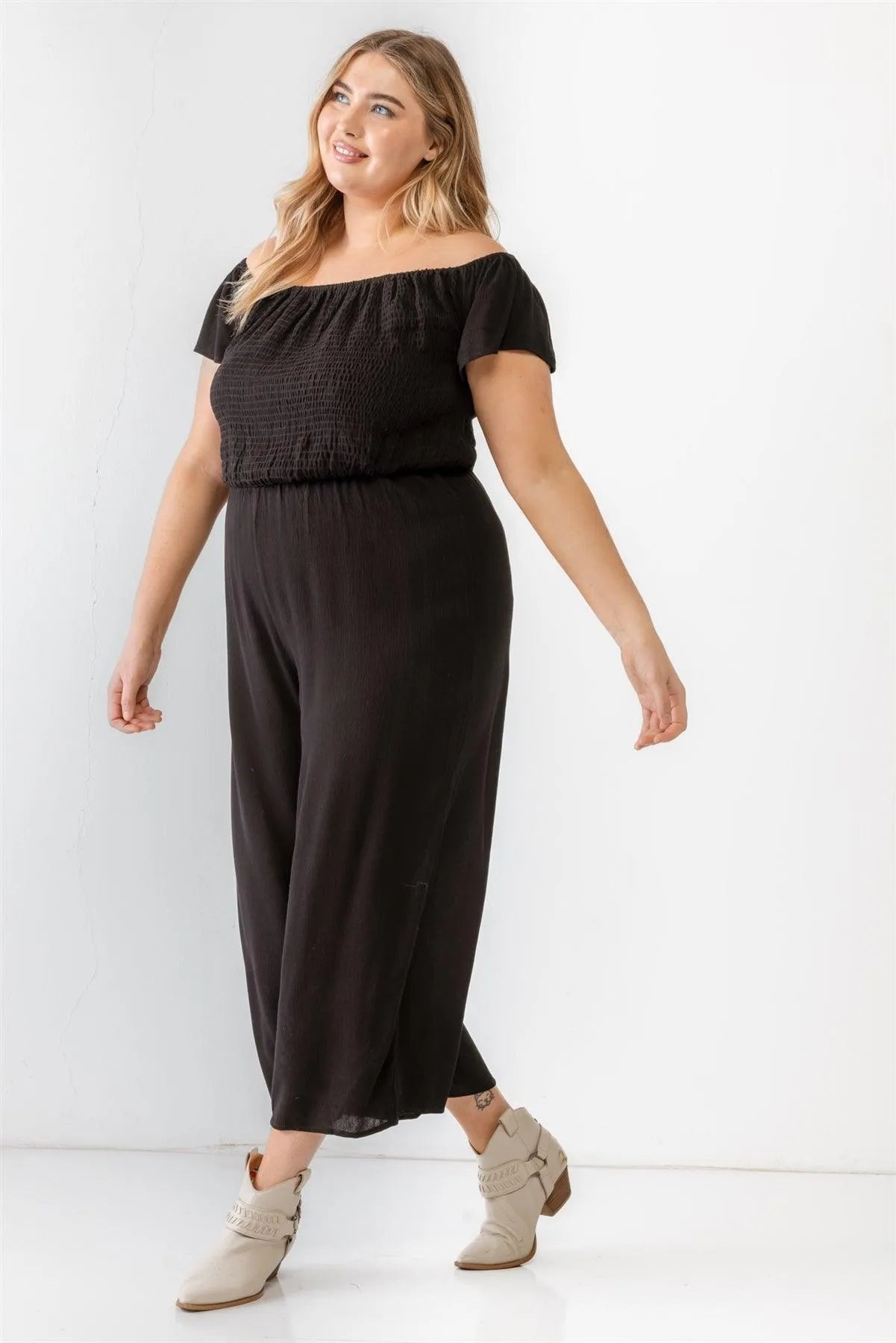 Junior Plus Black Smocked Off-The-Shoulder Back Lace-Up Jumpsuit /1-1-1 - Tasha Apparel Wholesale
