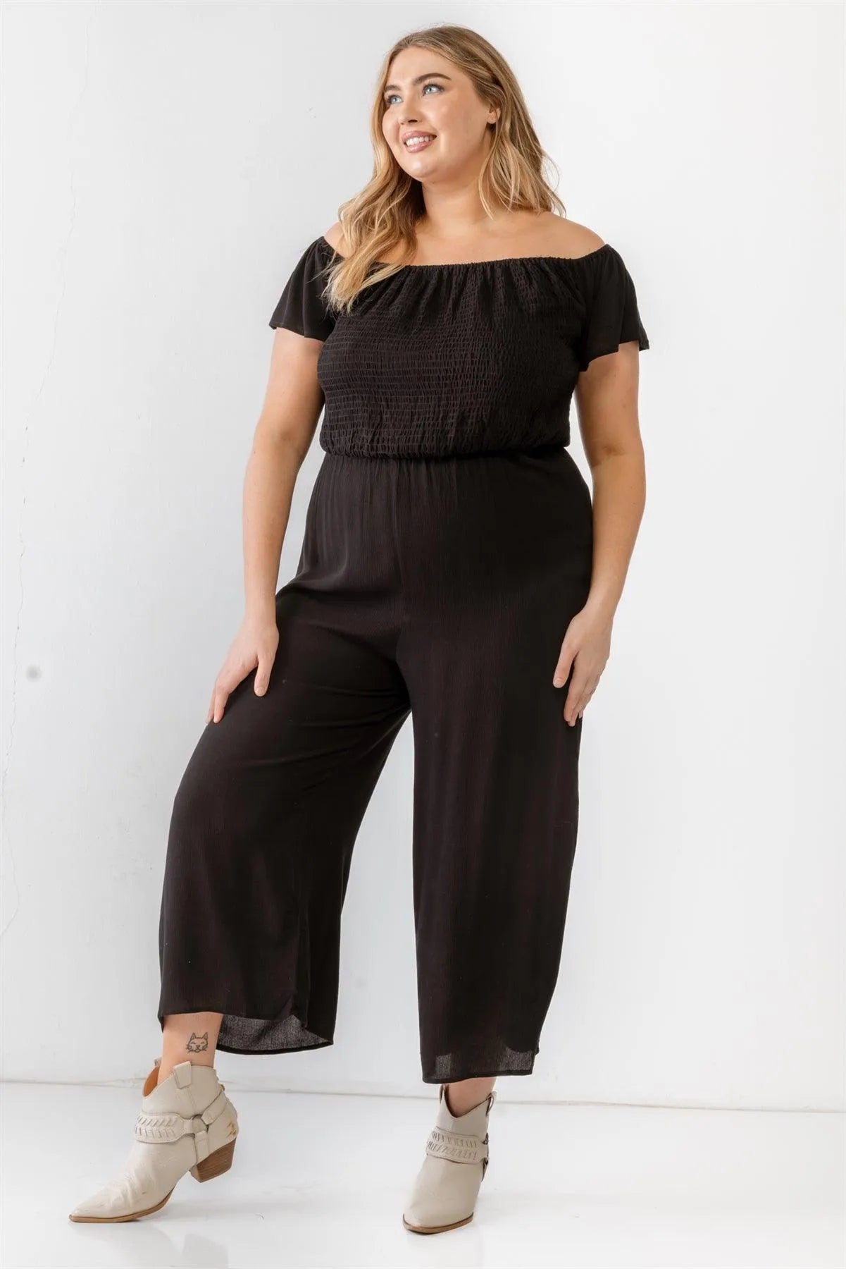 Junior Plus Black Smocked Off-The-Shoulder Back Lace-Up Jumpsuit /3-2-1 - Tasha Apparel Wholesale