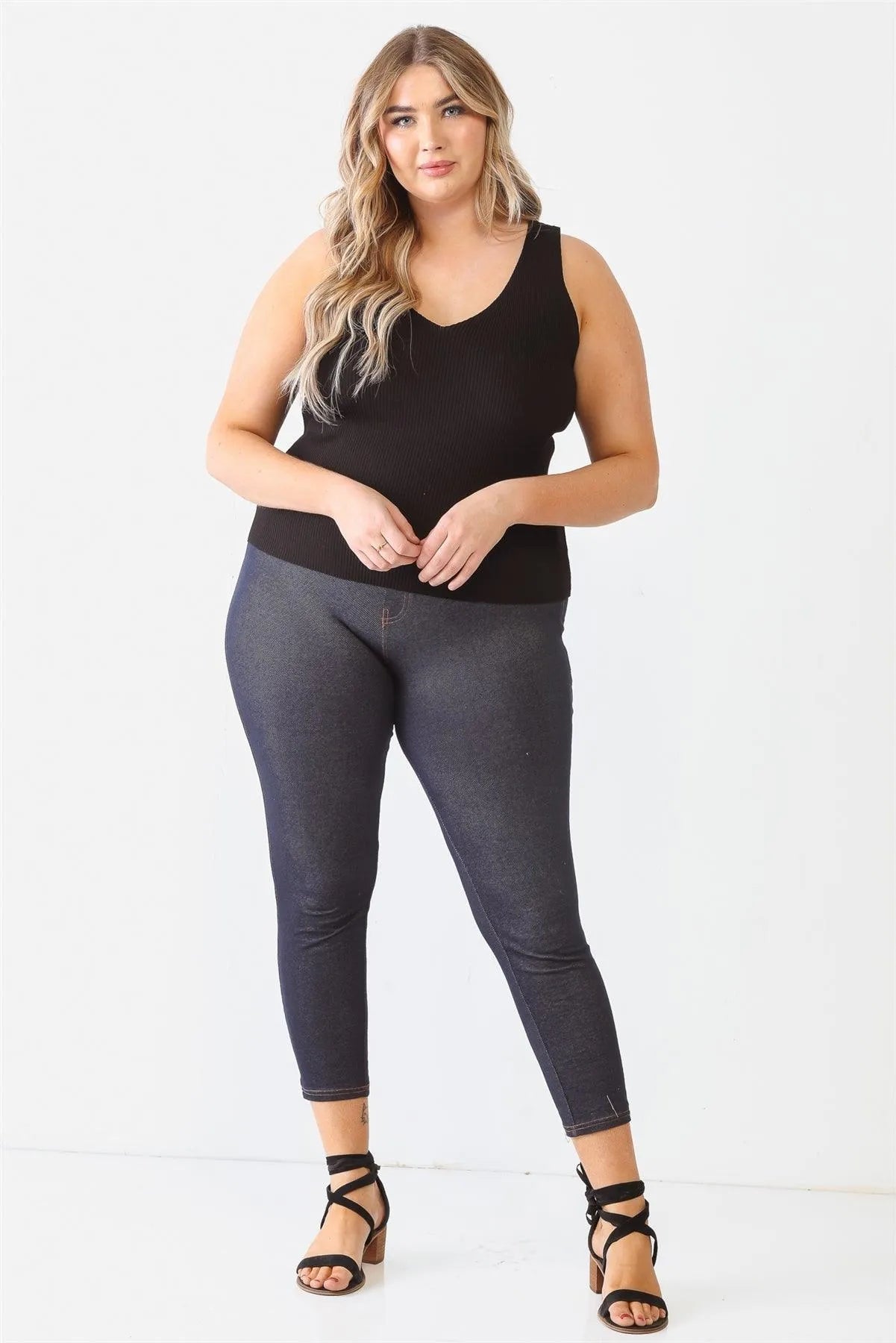Junior Plus Black Ribbed Back Lace Down Detail Sleeveless Top /1-1-1 - Tasha Apparel Wholesale