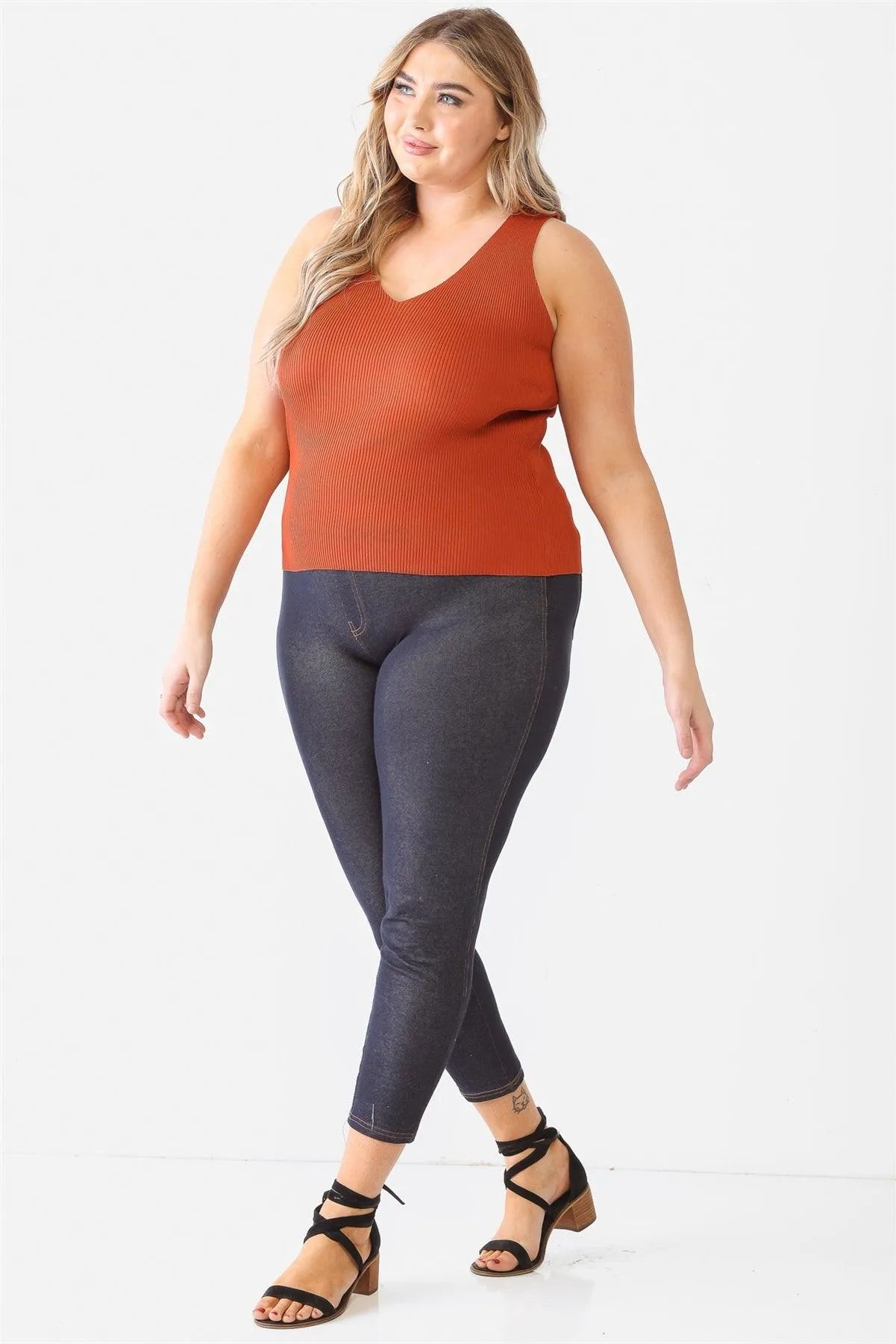 Junior Plus Rust Ribbed Back Lace Down Detail Sleeveless Top /1-1-1 - Tasha Apparel Wholesale