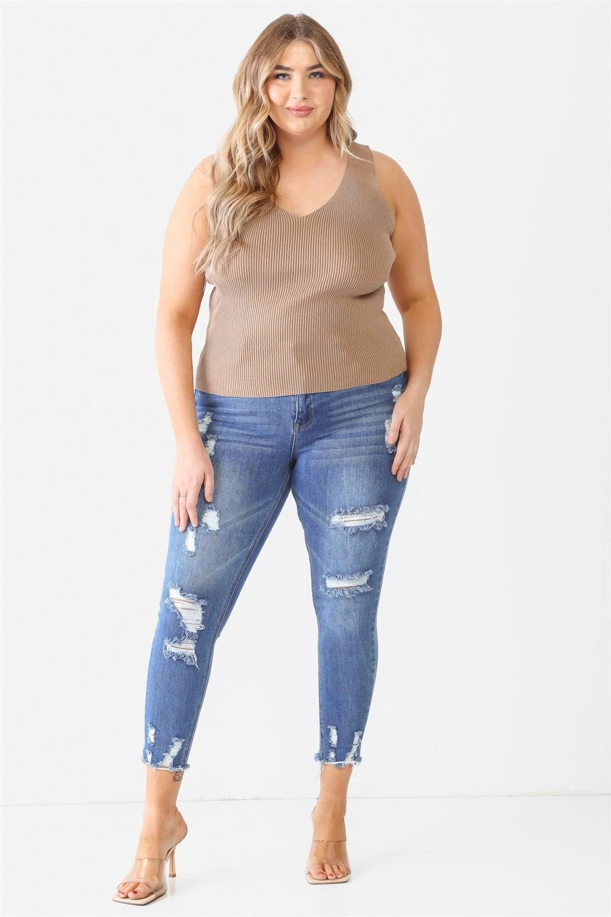Junior Plus Taupe Ribbed Back Lace Down Detail Sleeveless Top /1-1-1/1-1-1 - Tasha Apparel Wholesale