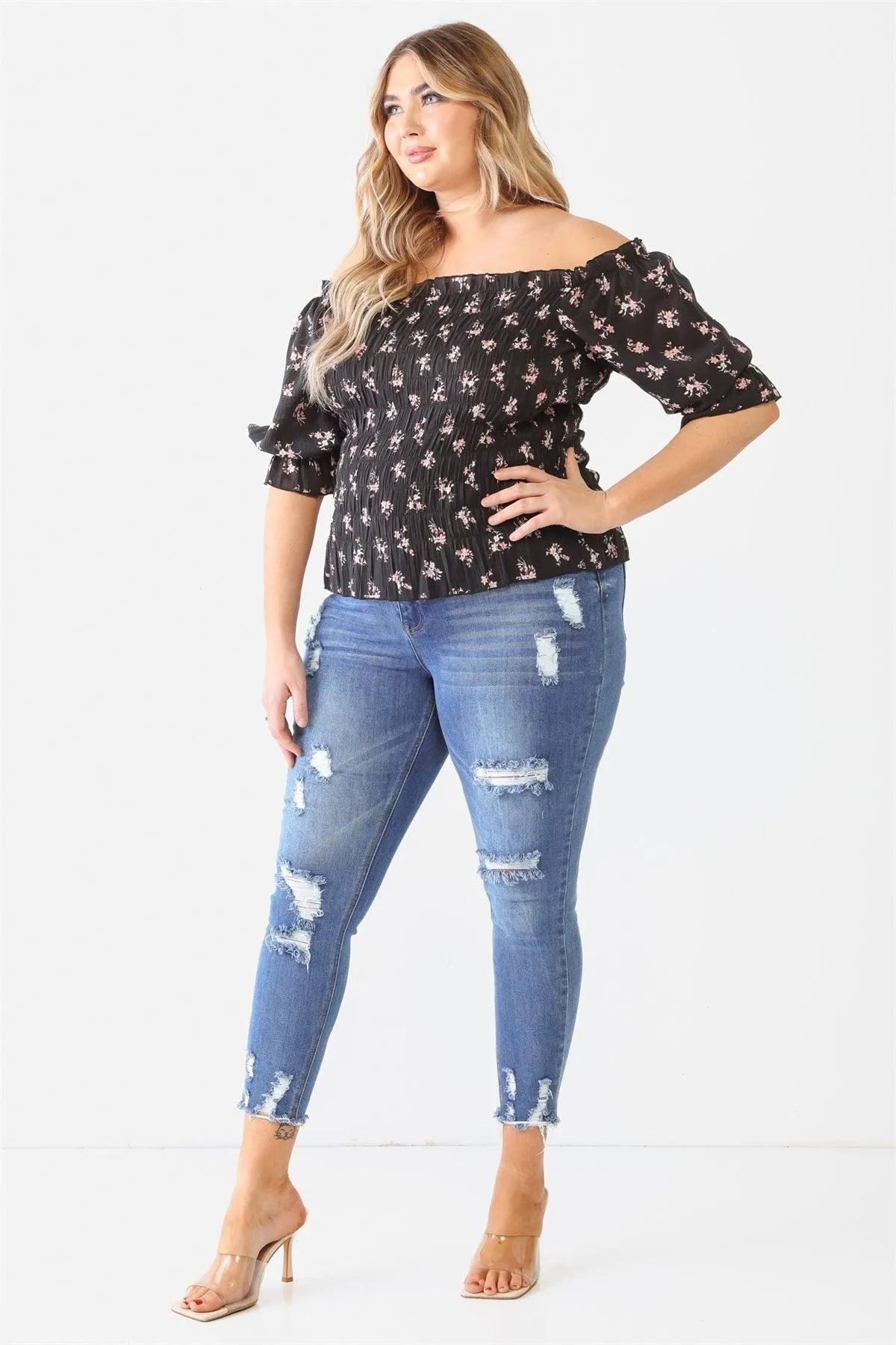 Junior Plus Black Floral Ruched Off-The-Shoulder Top /2-1-1 - Tasha Apparel Wholesale