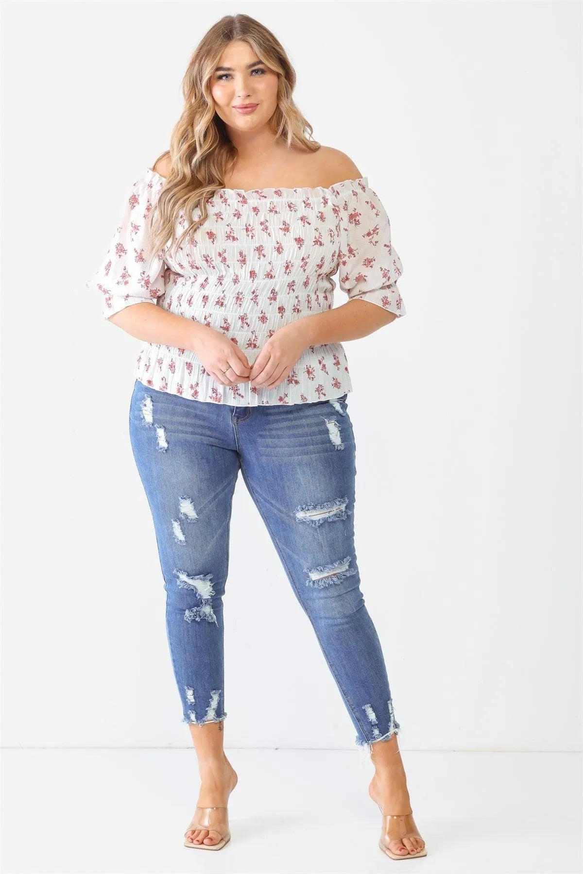 Junior Plus Ivory Floral Ruched Short Balloon Sleeve Top /2-1-1 - Tasha Apparel Wholesale