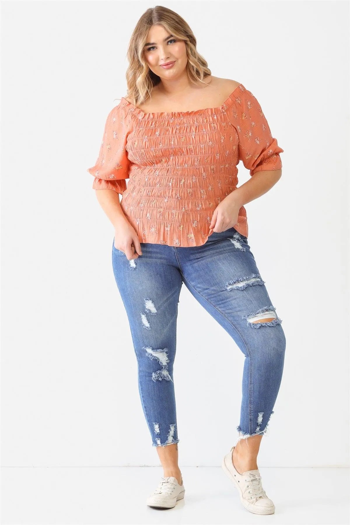 Junior Plus Terracotta Floral Ruched Off-The-Shoulder Top /1-1-1 - Tasha Apparel Wholesale