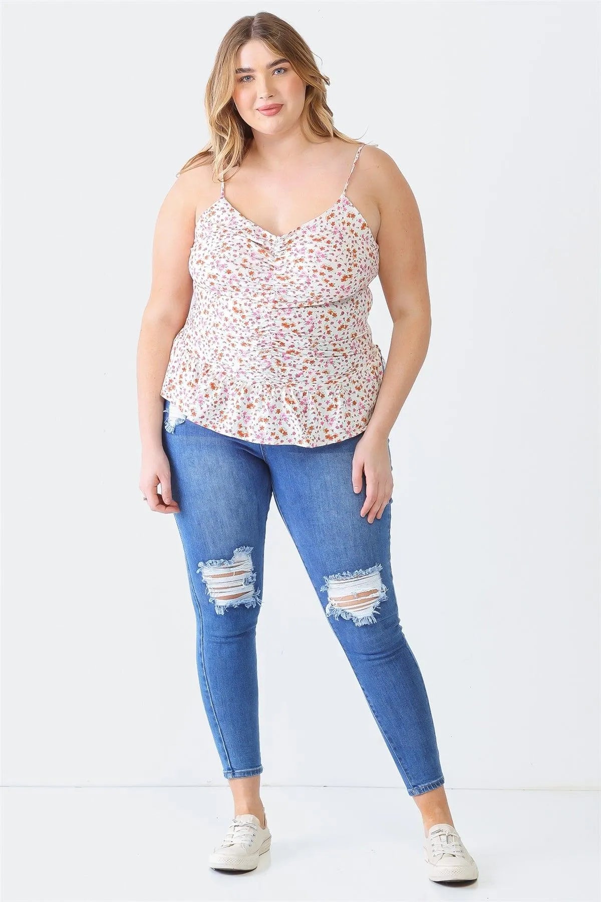 Plus Size Ivory Floral Ruched Flare Hem Sleeveless Top - Tasha Apparel Wholesale