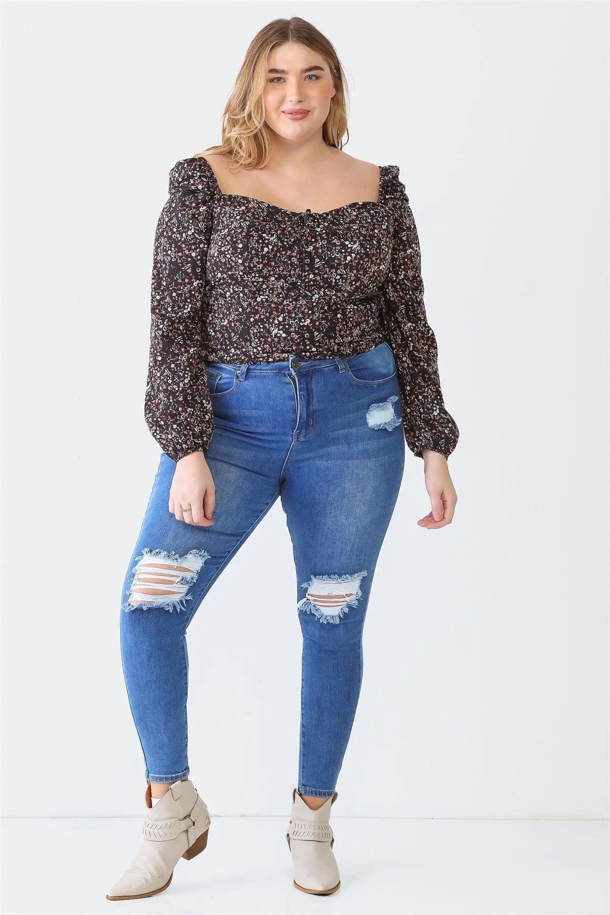 Plus Size Black Floral Square Neck Smocked Top - Tasha Apparel Wholesale