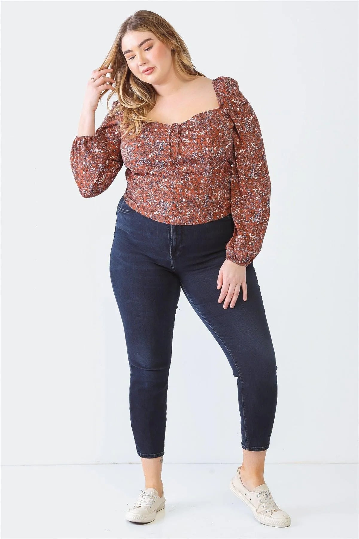 Plus Size Terracotta Floral Square Neck Smocked Top - Tasha Apparel Wholesale