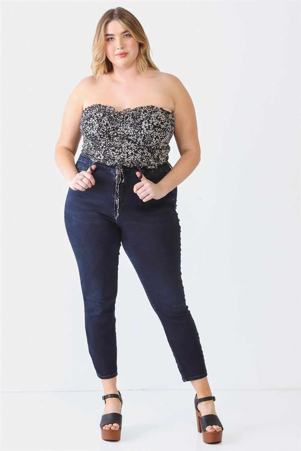 Plus Size Floral Ruched Ruffle Smocked Strapless Top - Tasha Apparel Wholesale