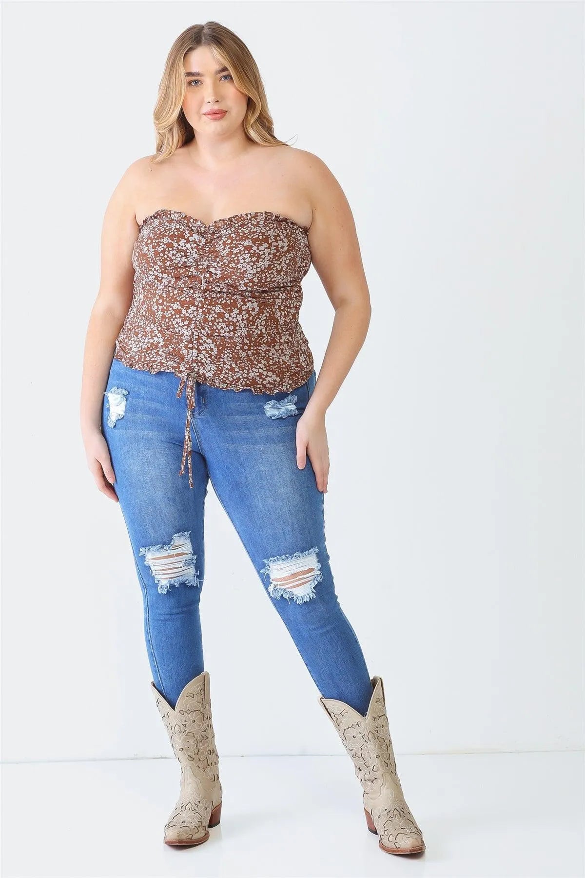 Plus Size Floral Ruched Ruffle Smocked Strapless Top - Tasha Apparel Wholesale