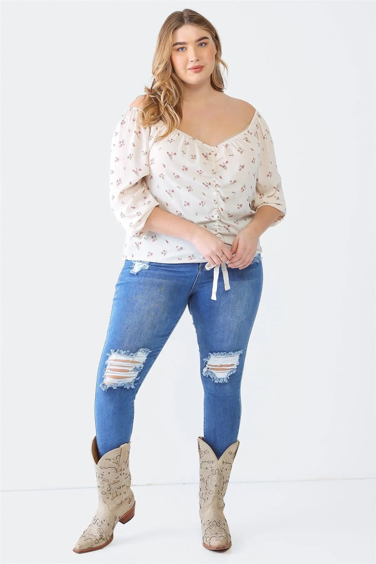 Junior Plus Off-White Floral Print Off-The-Shoulder Ruched Crop Top /1-1-1 - Tasha Apparel Wholesale