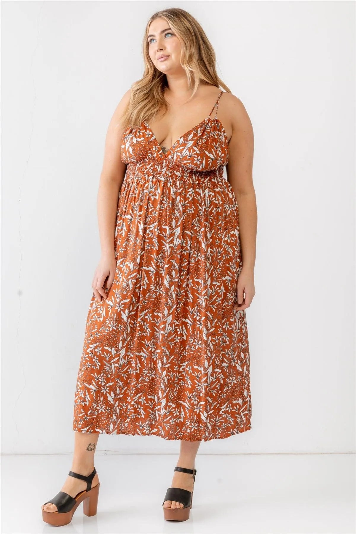 Junior Plus Terracotta Floral Smocked Waist Sleeveless Midi Dress /1-1-1 - Tasha Apparel Wholesale