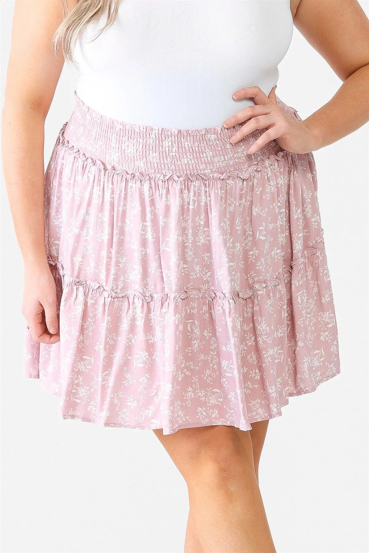 Plus Size Mauve Floral Smoked High Waist Mini Skirt - Tasha Apparel Wholesale
