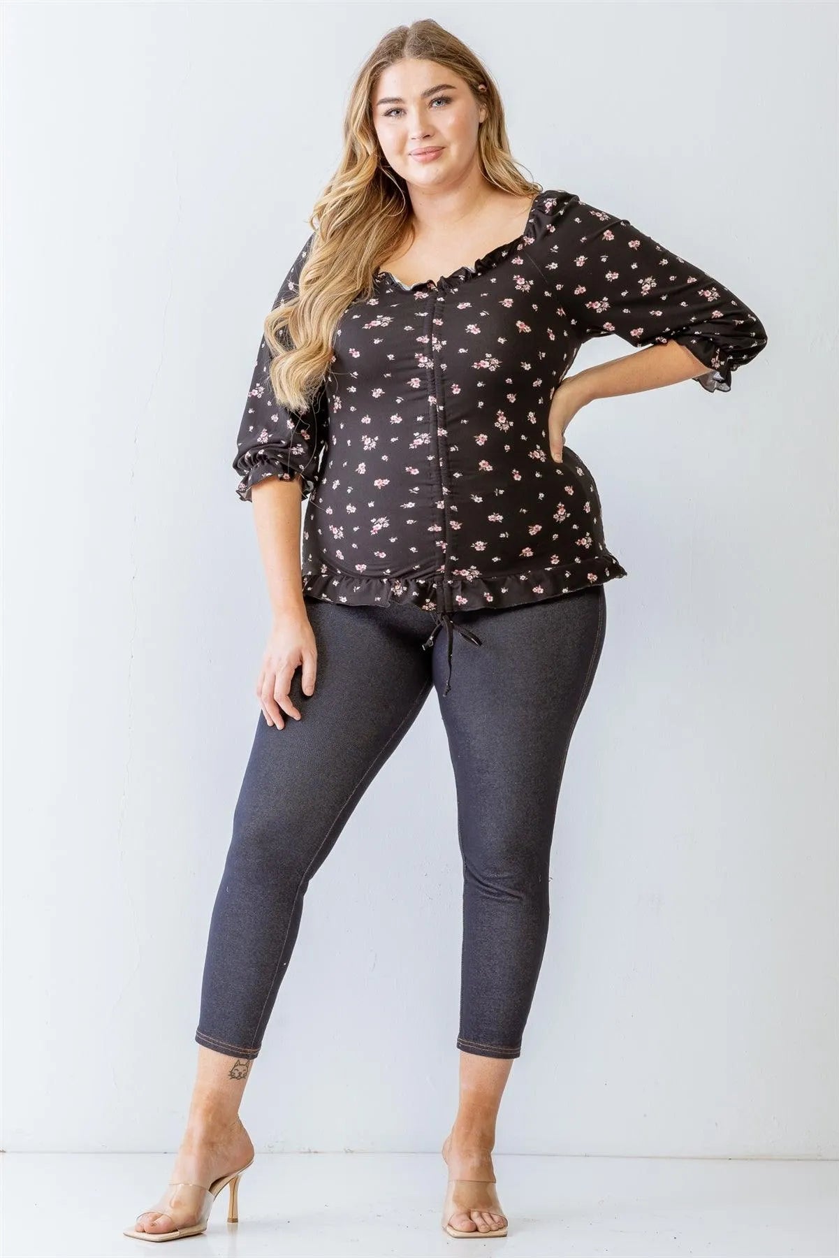 Junior Plus Black Floral Print Ruched Ruffle Detail Smocked Back Top /1-1-1 - Tasha Apparel Wholesale