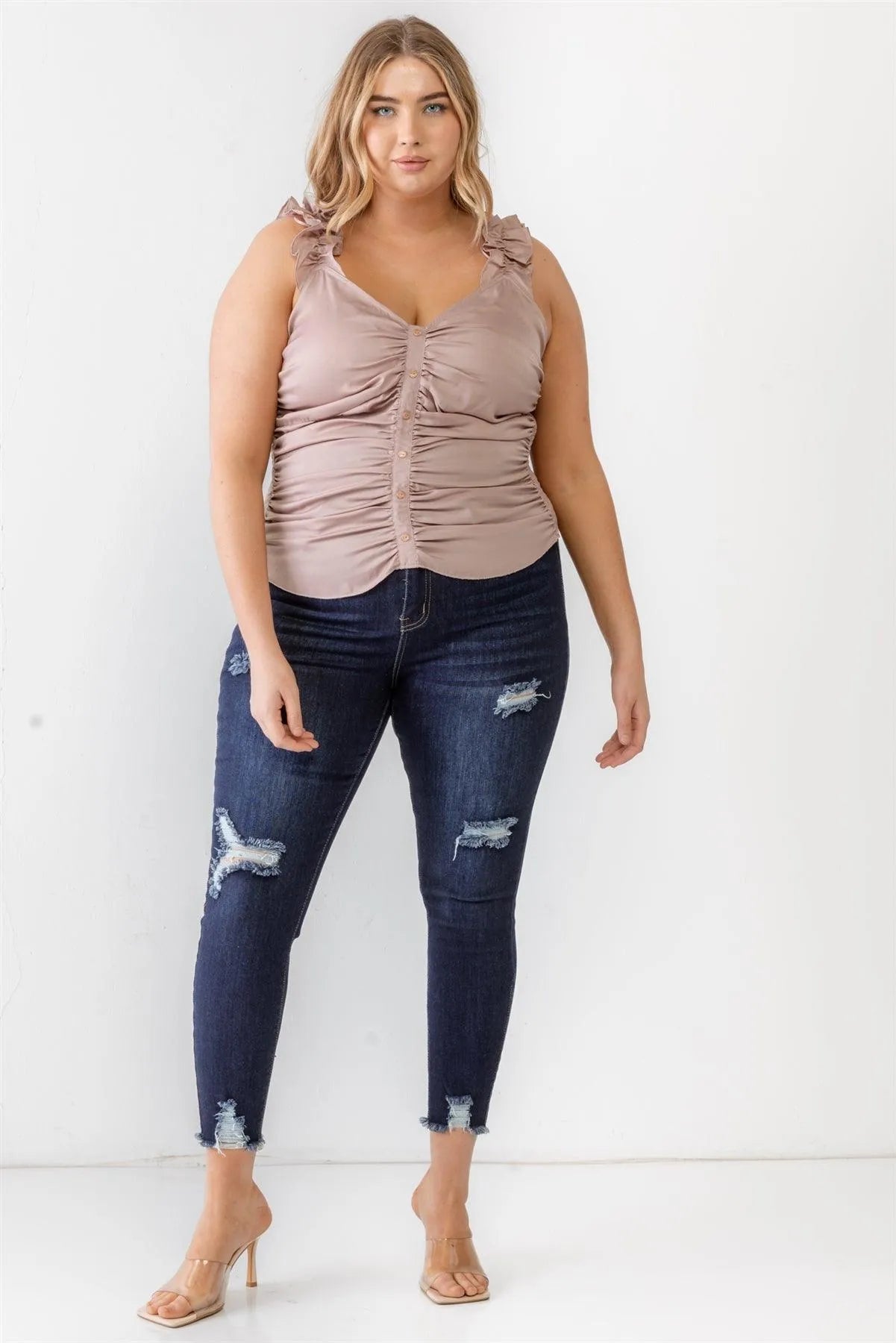 Junior Plus Champagne Ruched Button-Up Ruffle Strap Smocked Back Tank Top /2-1-1 - Tasha Apparel Wholesale