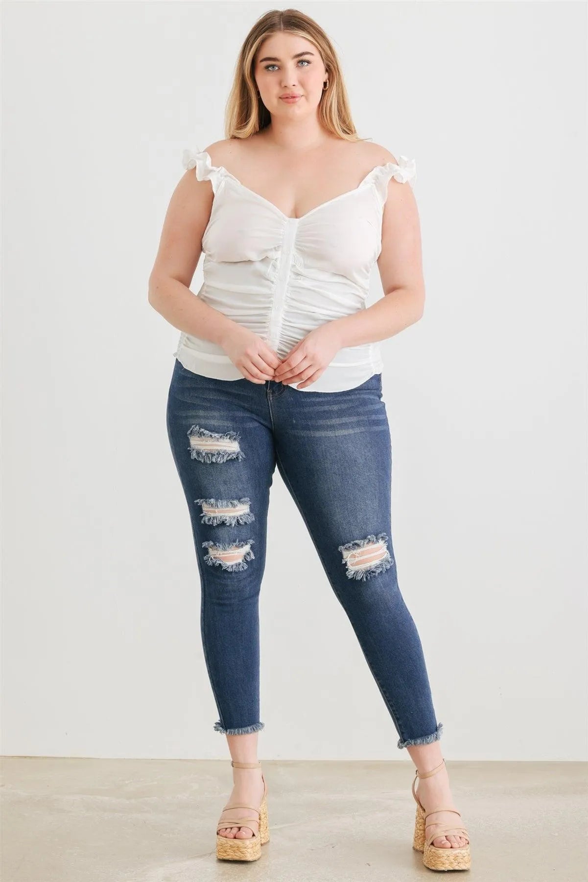 Junior Plus Off White Button-Up Ruffle Strap Smocked Back Tank Top /1-1-1 - Tasha Apparel Wholesale