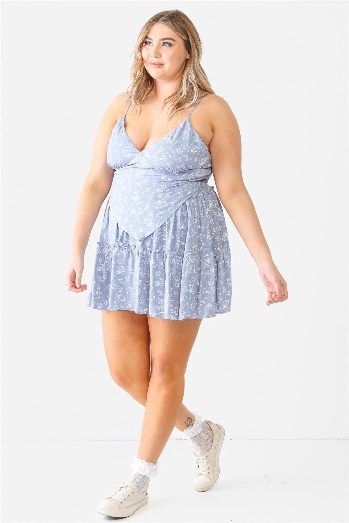 Plus Size Blue Flower Hanky Hem Top & High Waist Mini Skirt Set - Tasha Apparel Wholesale