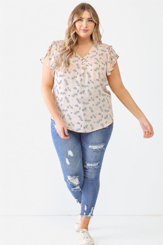 Junior Plus Taupe Flower Print Button-Up V-Neck Short Sleeve Top /1-1-1