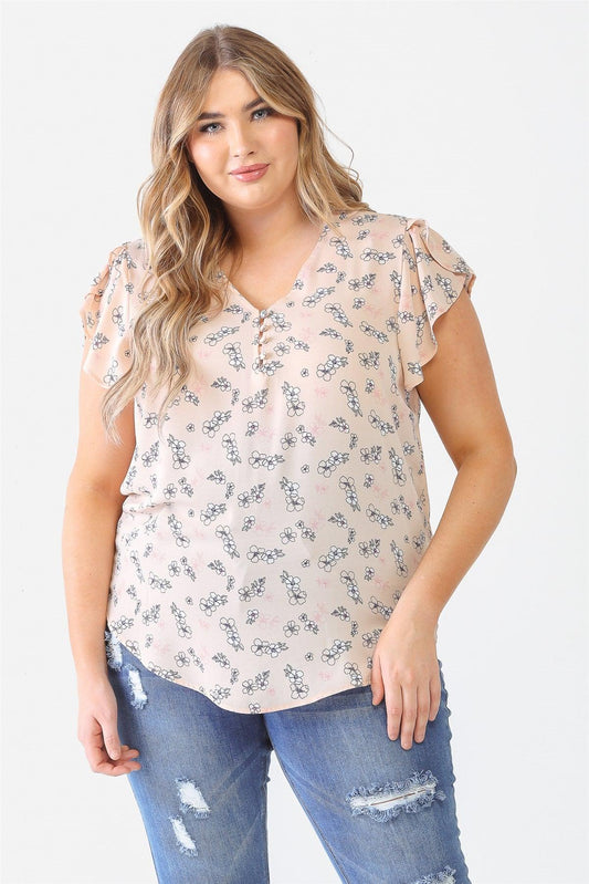 Junior Plus Taupe Flower Print Button-Up V-Neck Short Sleeve Top /2-1-1