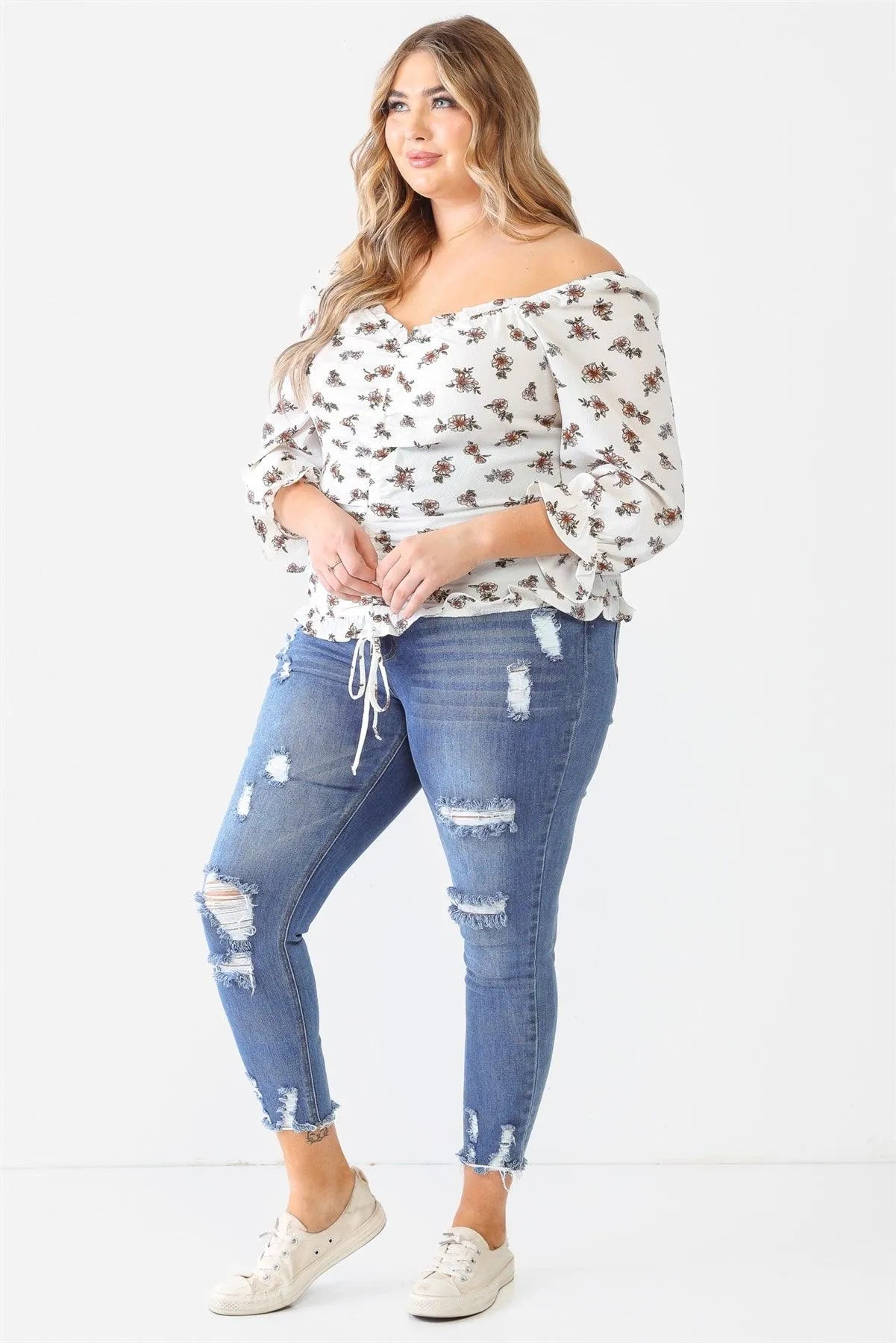 Junior Plus Ivory Floral Print Textured Ruffle Midi Sleeve Smocked Back Ruched Top /1-1-1 - Tasha Apparel Wholesale