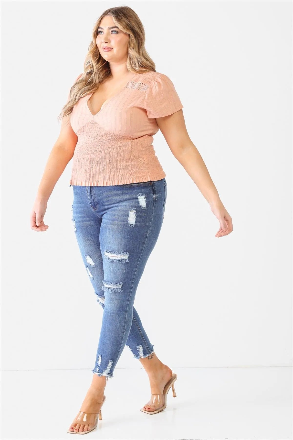 Junior Plus Peach Textured Ruched V-Neck Peach Top /2-1-1 - Tasha Apparel Wholesale