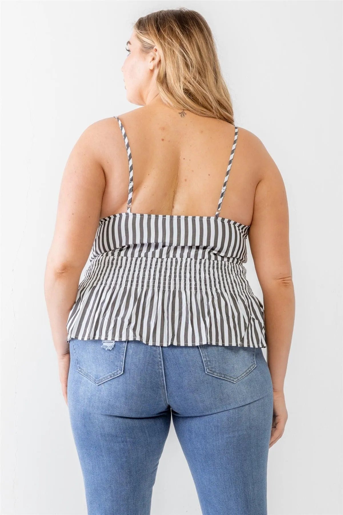 Junior Plus Black Striped Button-Up Smocked Waist Strappy Tank Top /2-2-1 - Tasha Apparel Wholesale