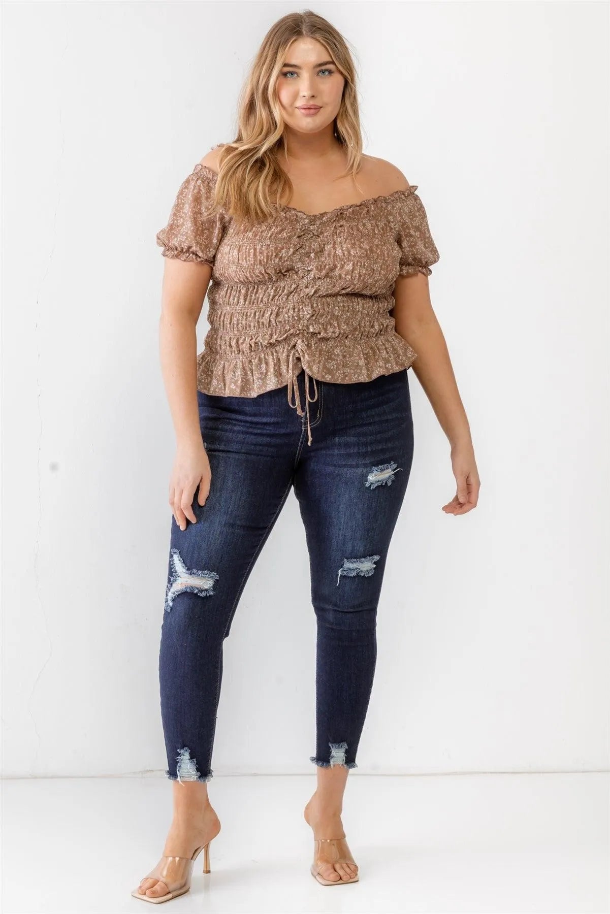 Plus Size Mocha Floral Chiffon Ruched Smocked Off-The-Shoulder Top - Tasha Apparel Wholesale
