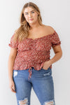 Junior Plus Red Floral Chiffon Ruched Smocked Off-The-Shoulder Top /1-1-1