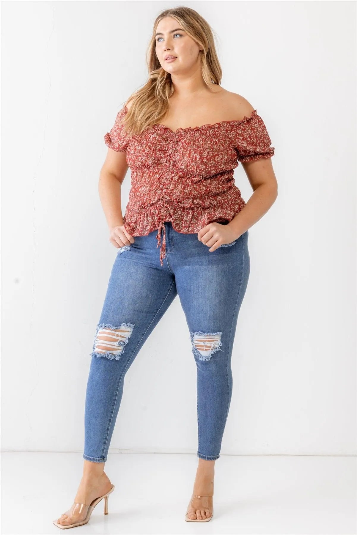 Plus Size Red Floral Chiffon Ruched Smocked Off-The-Shoulder Top /1-1-1 - Tasha Apparel Wholesale