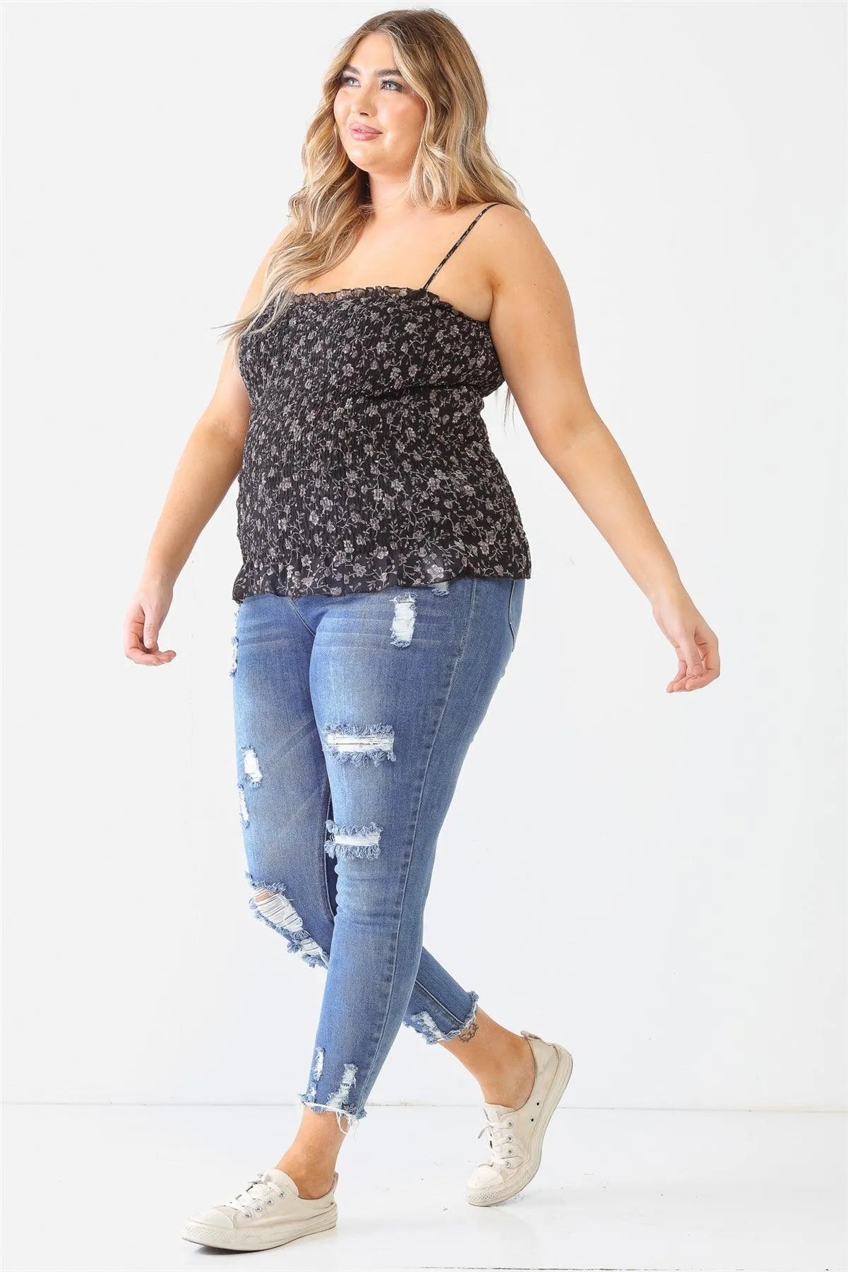 Plus Size Black Floral Ruched Sleeveless Top - Tasha Apparel Wholesale