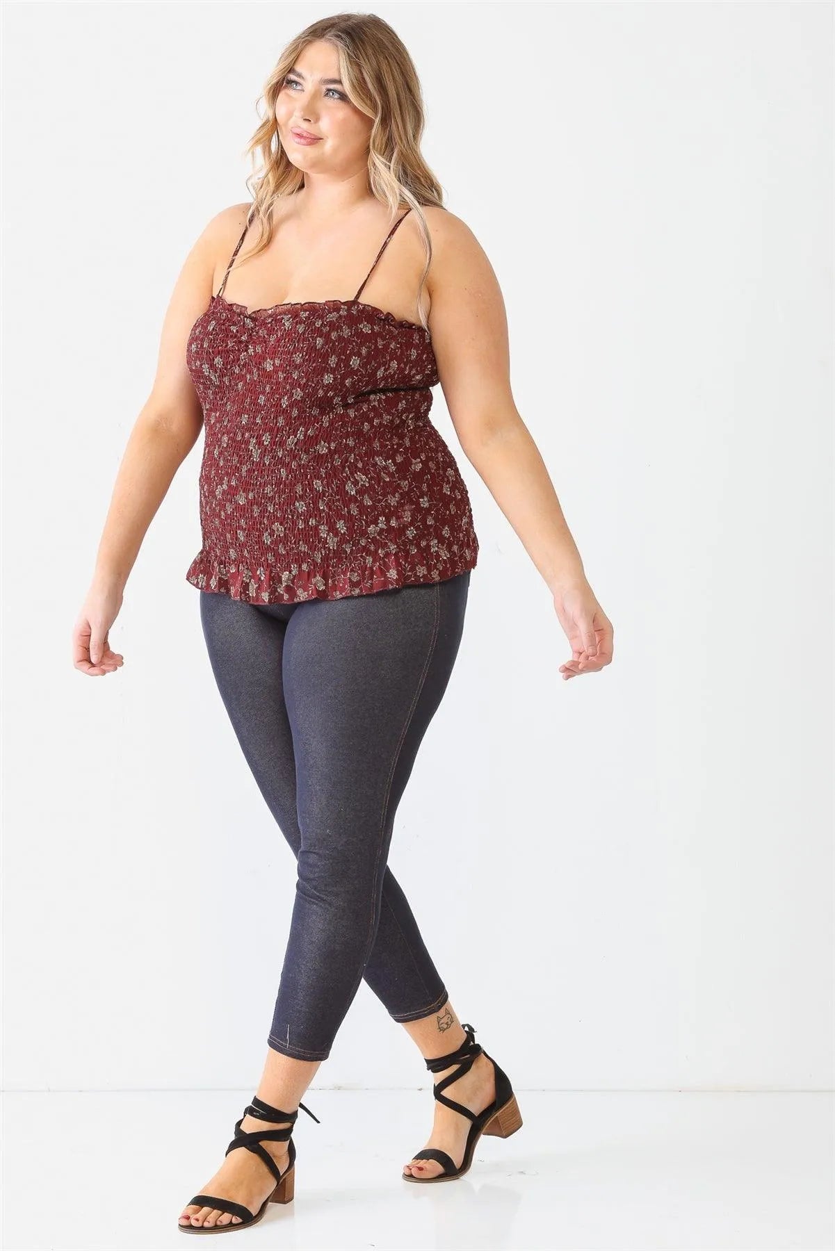 Plus Size Burgundy Floral Ruched Sleeveless Top - Tasha Apparel Wholesale