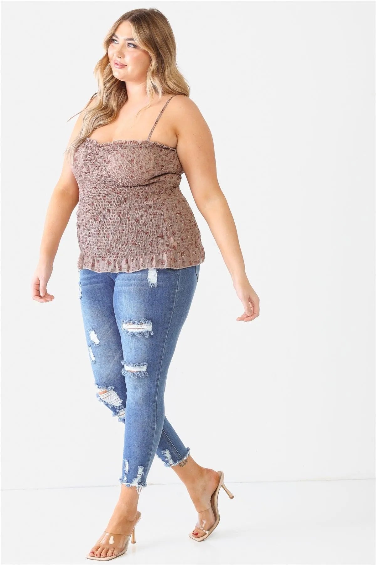 Plus Size Mocha Floral Ruched Sleeveless Top - Tasha Apparel Wholesale