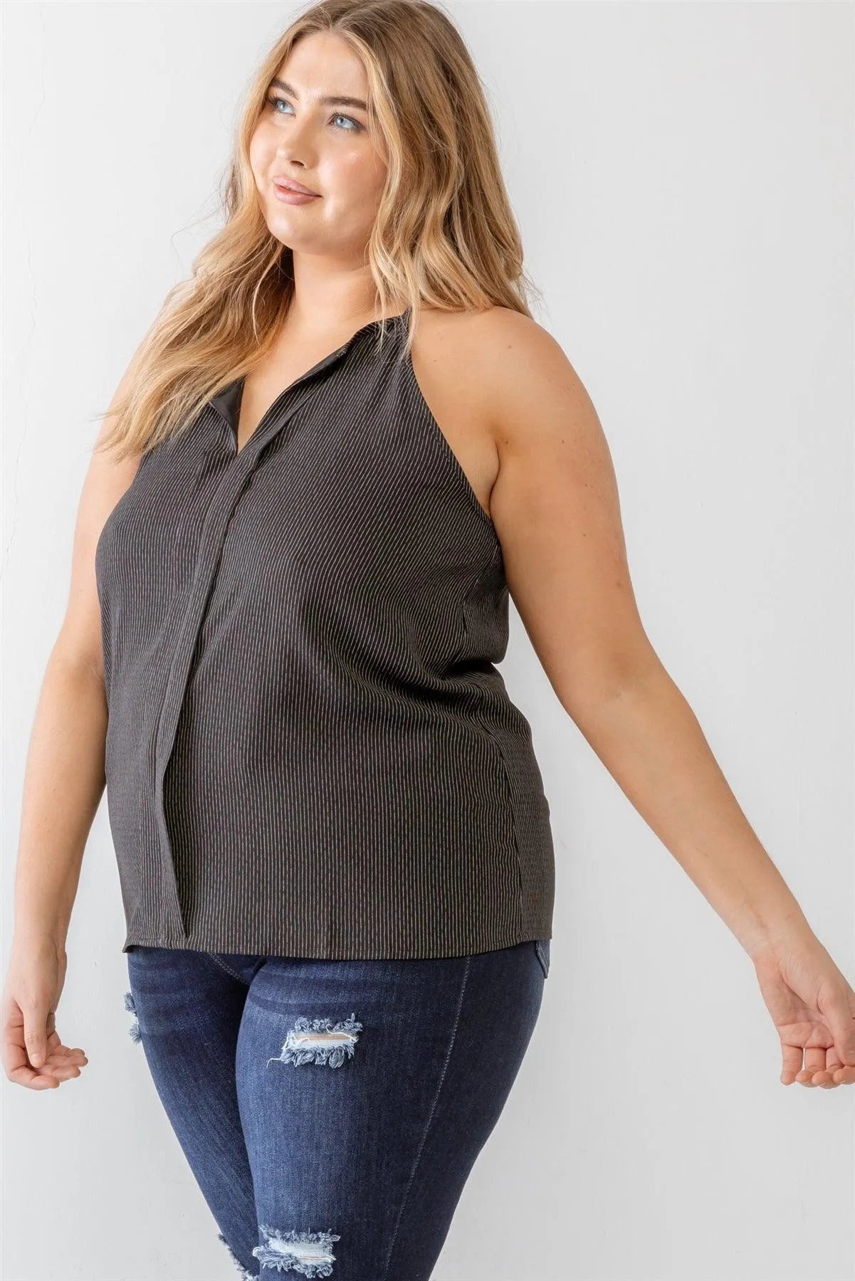 Plus Size Black Striped Print Sleeveless Strappy Tank Top - Tasha Apparel Wholesale