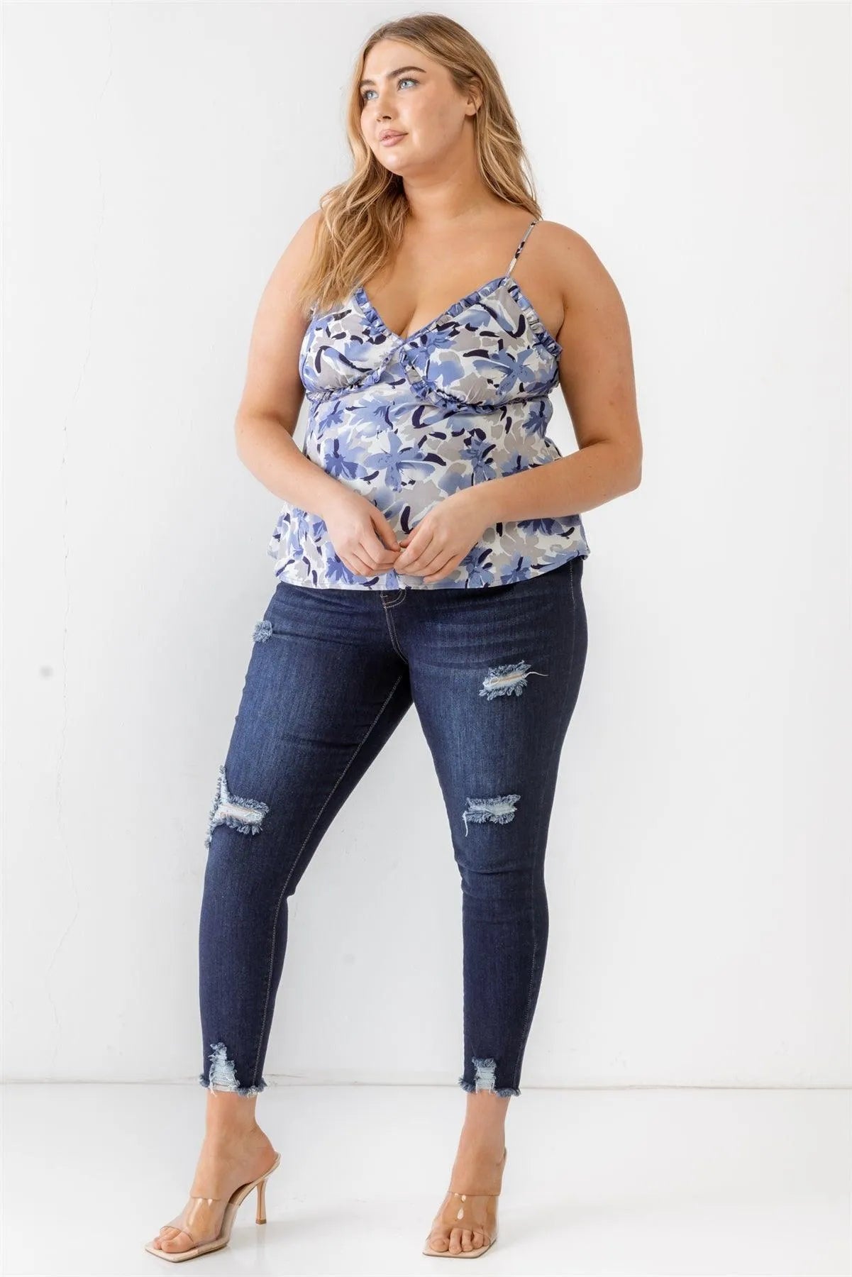 Junior Plus Blue Floral Print Woven Ruffle Sleeveless Back Zipper Tank Top /2-3-1 - Tasha Apparel Wholesale