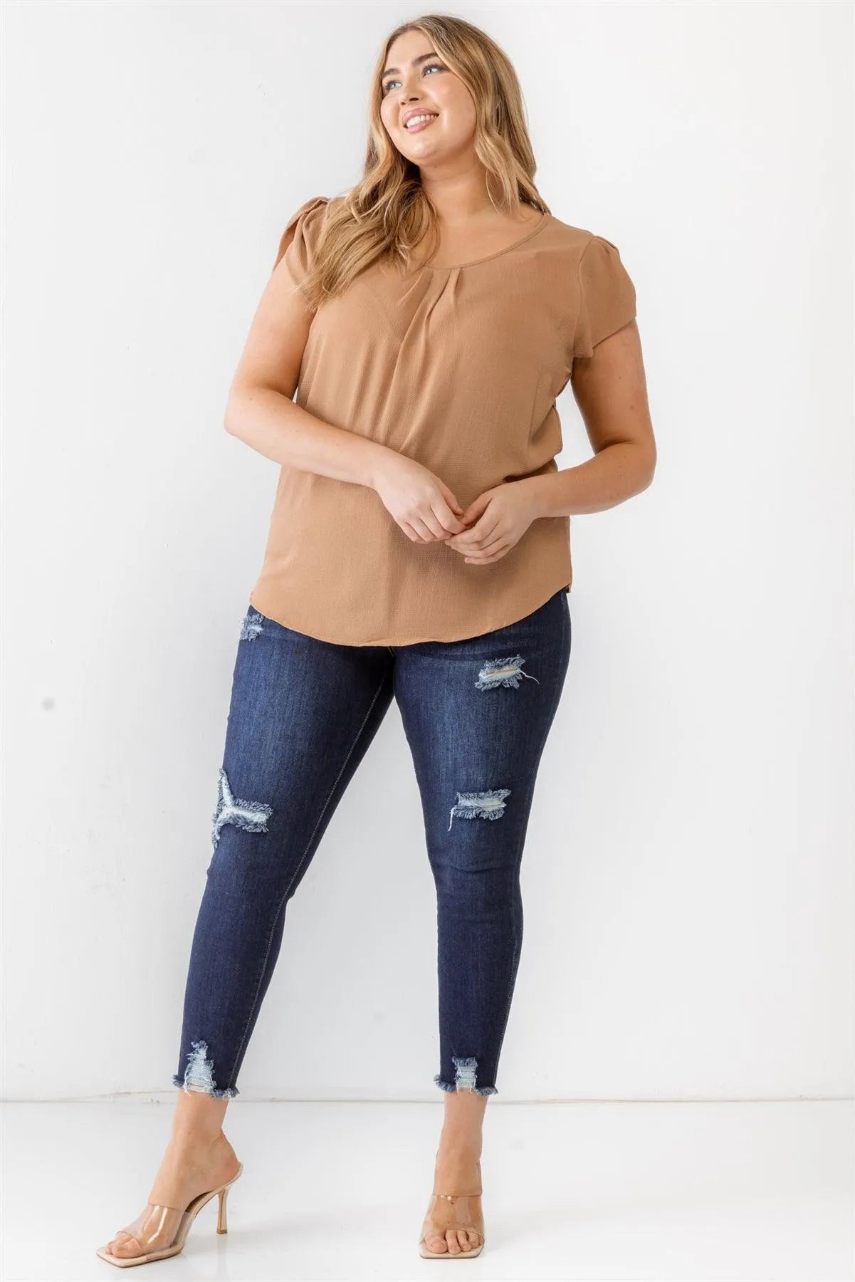 Junior Plus Khaki Koshibo Textured Cap Sleeve Top /1-1-2 - Tasha Apparel Wholesale