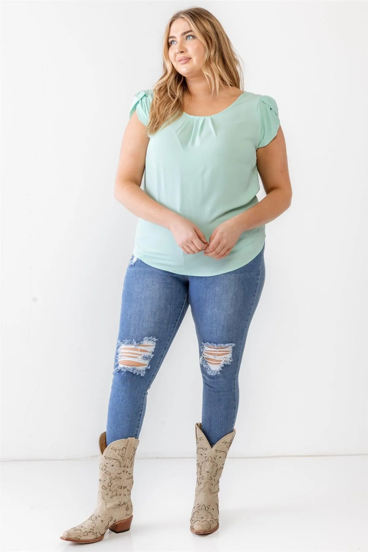 Junior Plus Mint Koshibo Textured Cap Sleeve Top /1-1-1 - Tasha Apparel Wholesale