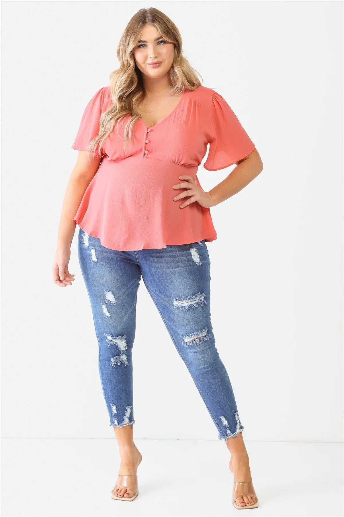 Junior Plus Coral Tie Detail Flare Top /1-1-1 - Tasha Apparel Wholesale