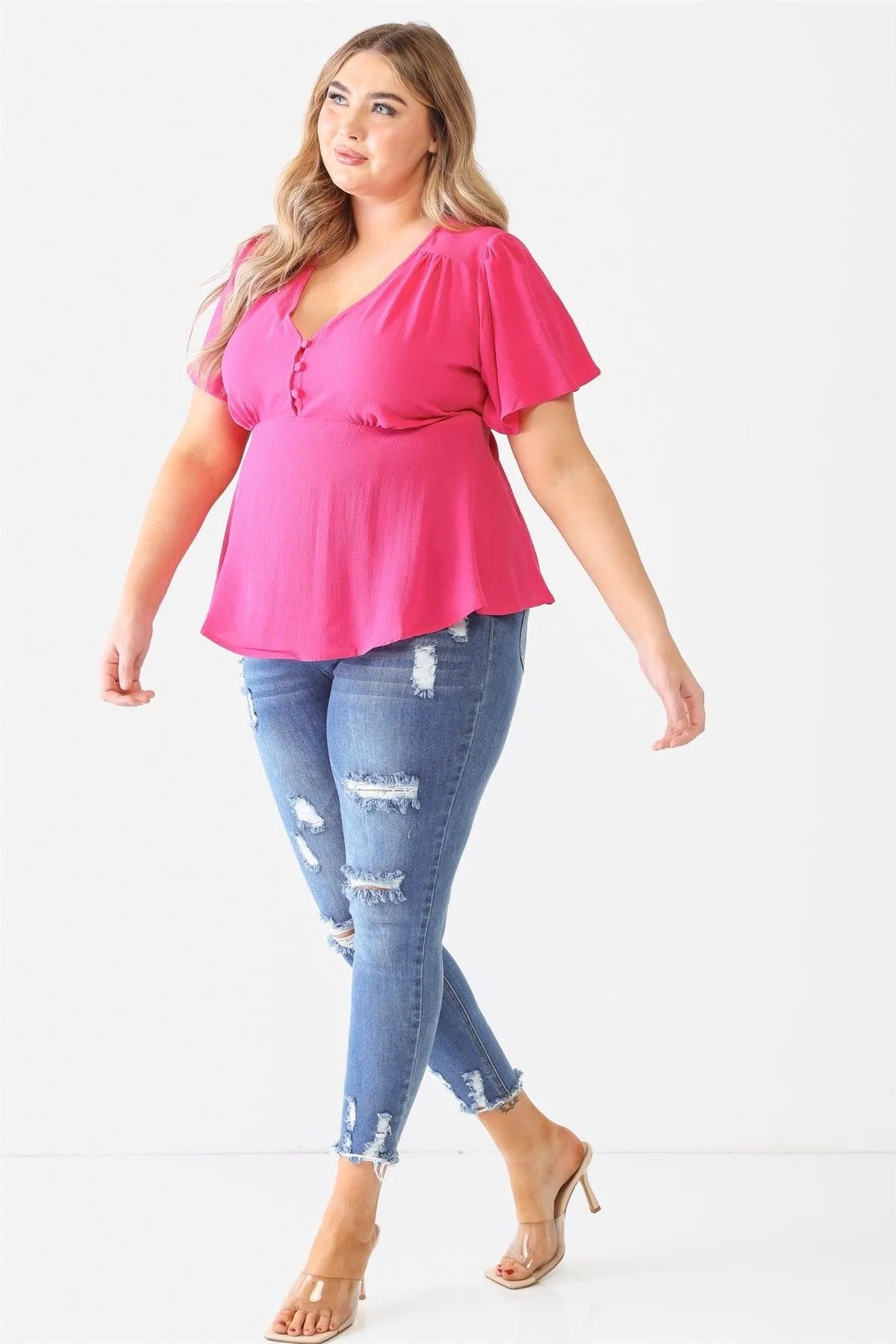 Junior Plus Fushia Tie Detail Flare Top /1-1-1 - Tasha Apparel Wholesale