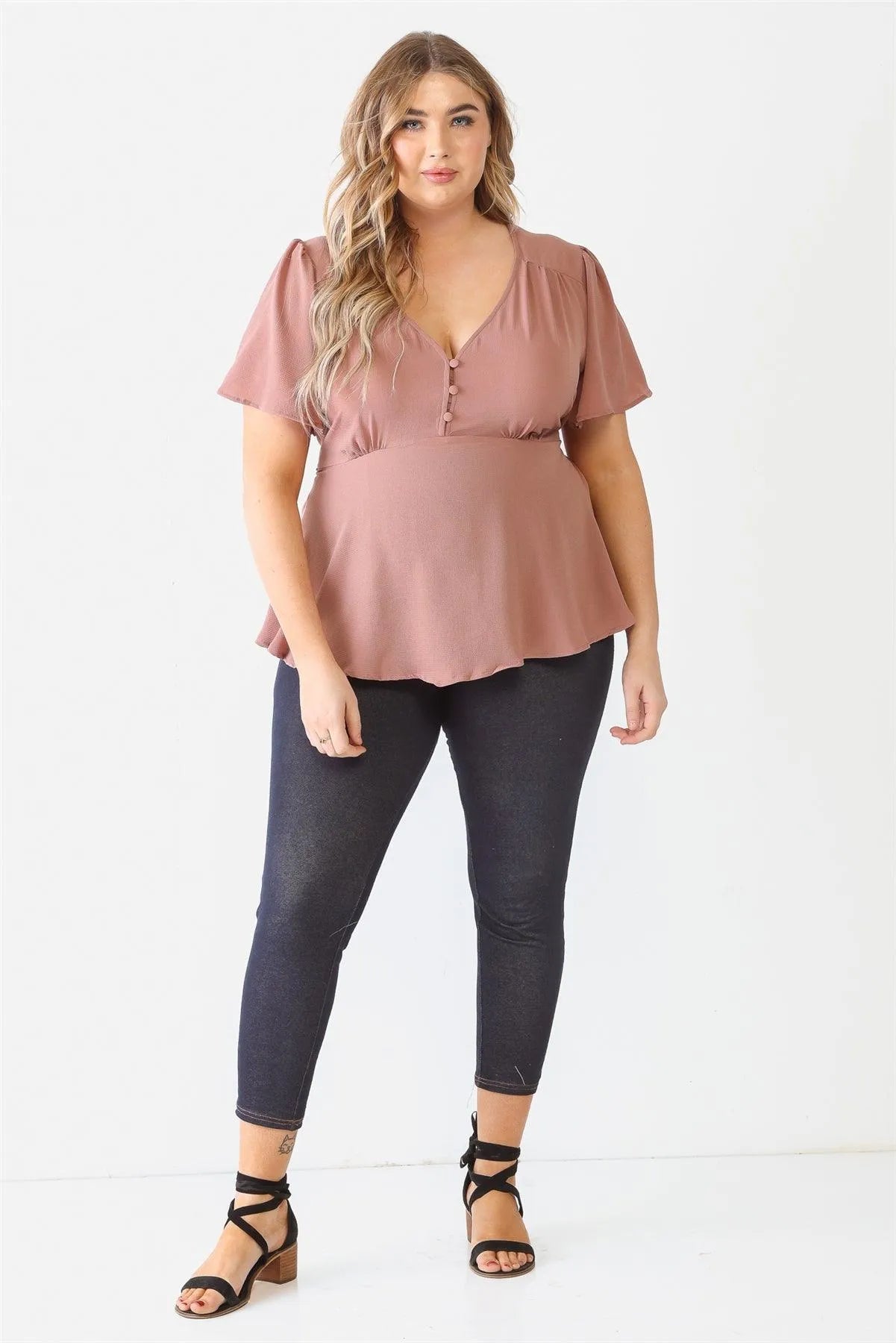 Junior Plus Mauve Tie Detail Flare Top /1-1-1 - Tasha Apparel Wholesale