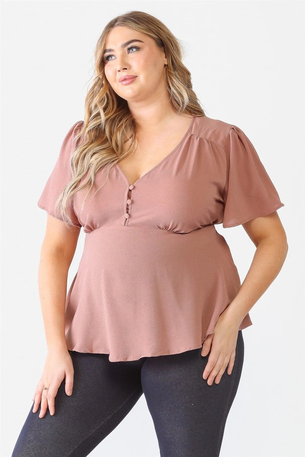 Junior Plus Mauve Tie Detail Flare Top /1-1-2 - Tasha Apparel Wholesale