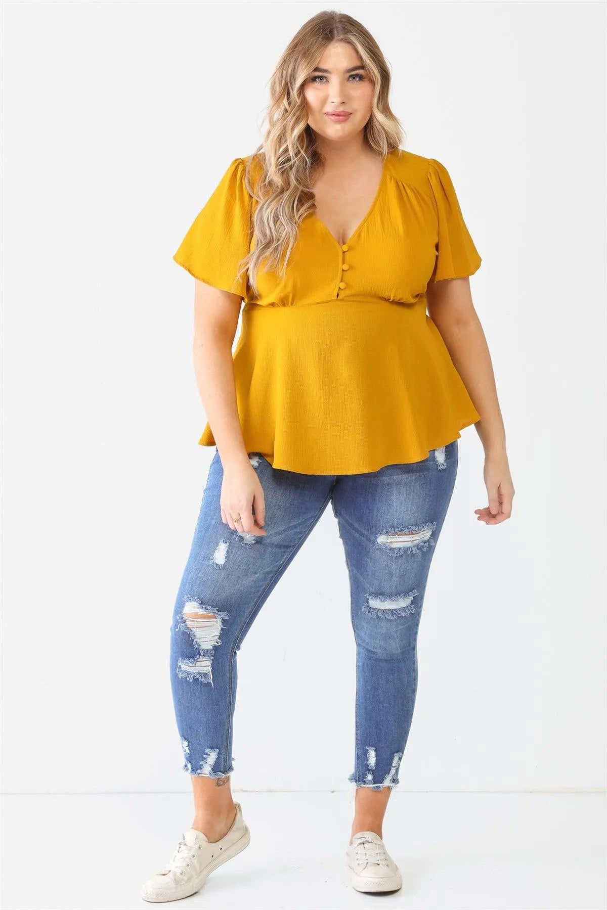 Junior Plus Mustard Tie Detail Flare Top /2-1-2 - Tasha Apparel Wholesale