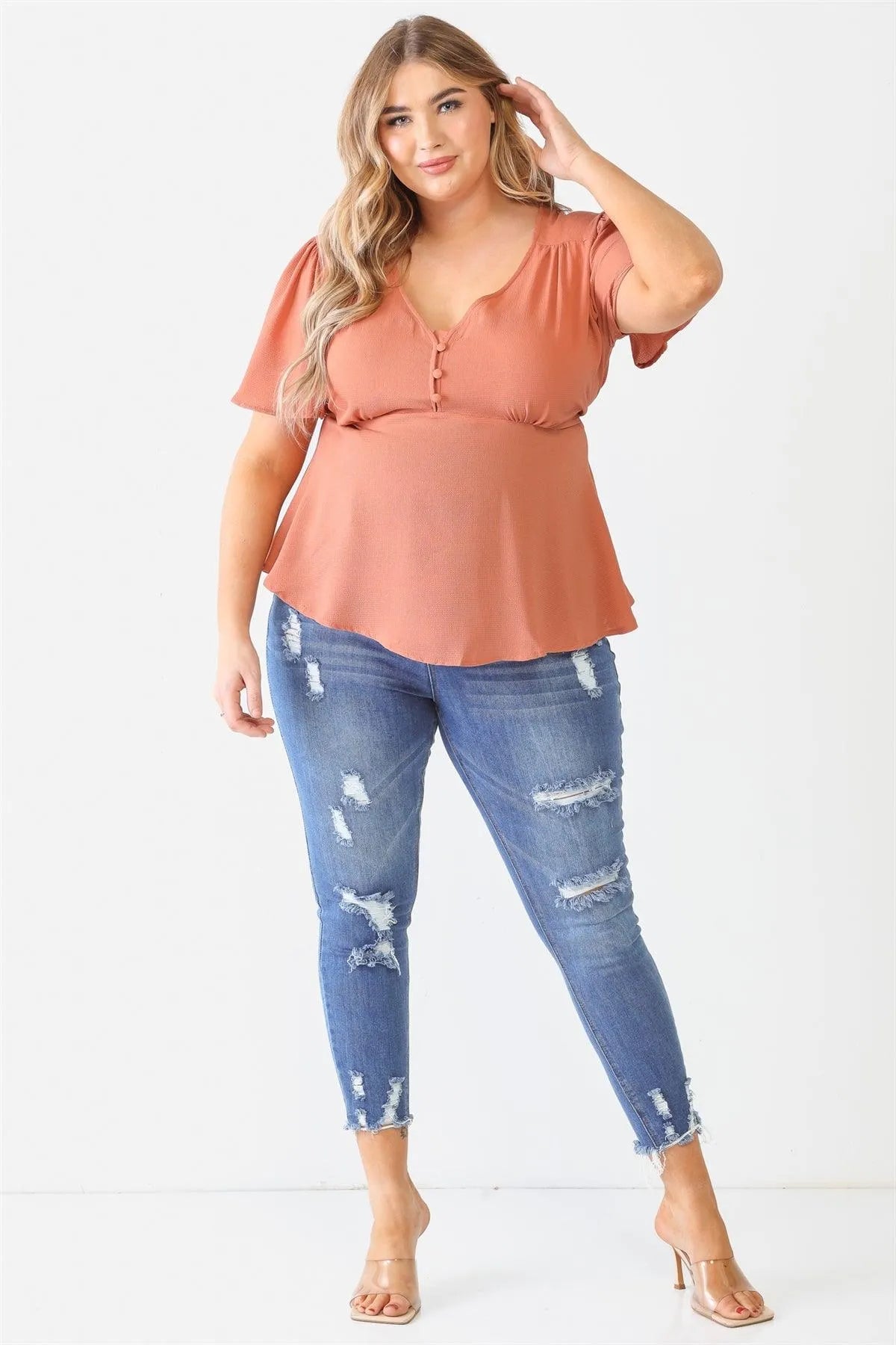 Junior Plus Rust Tie Detail Flare Top /1-1-1 - Tasha Apparel Wholesale