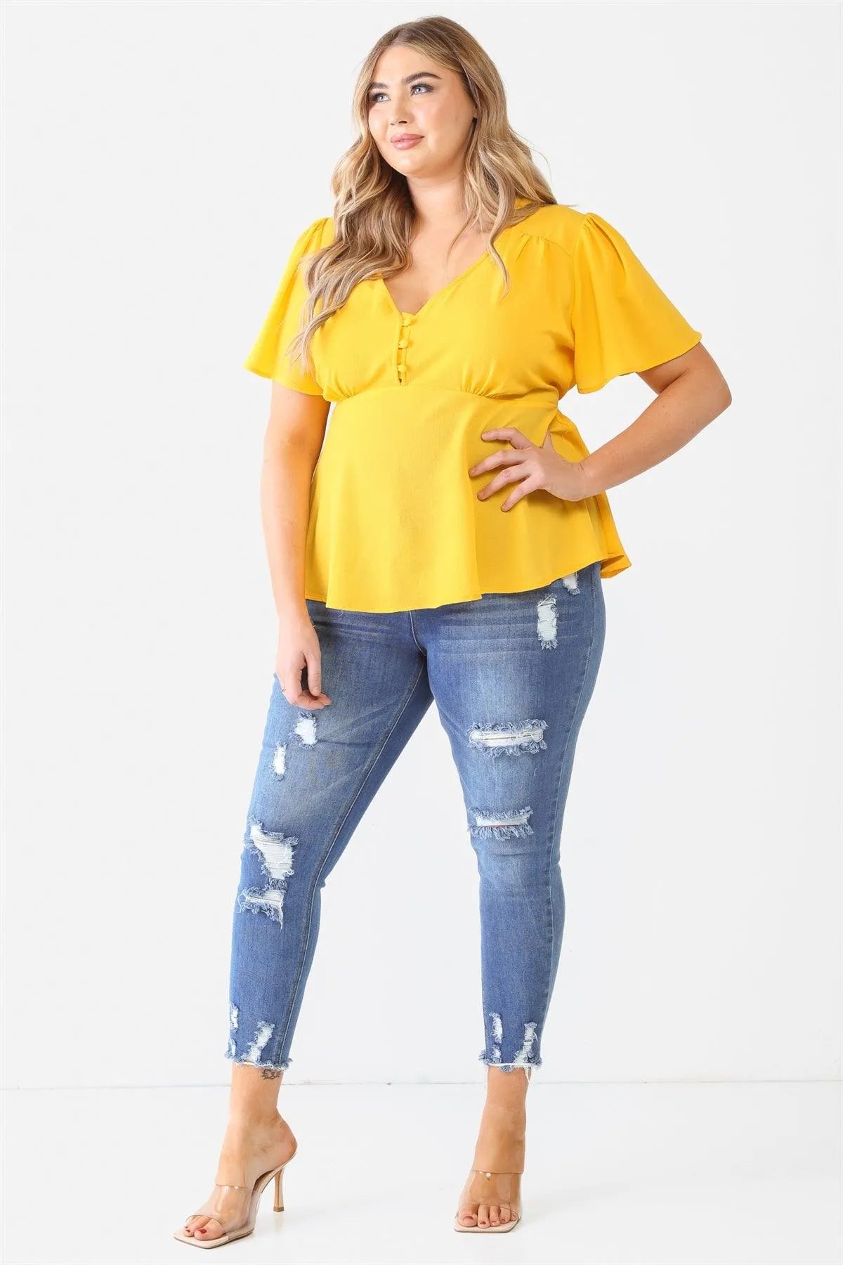 Junior Plus Yellow Tie Detail Flare Top /1-1-1 - Tasha Apparel Wholesale