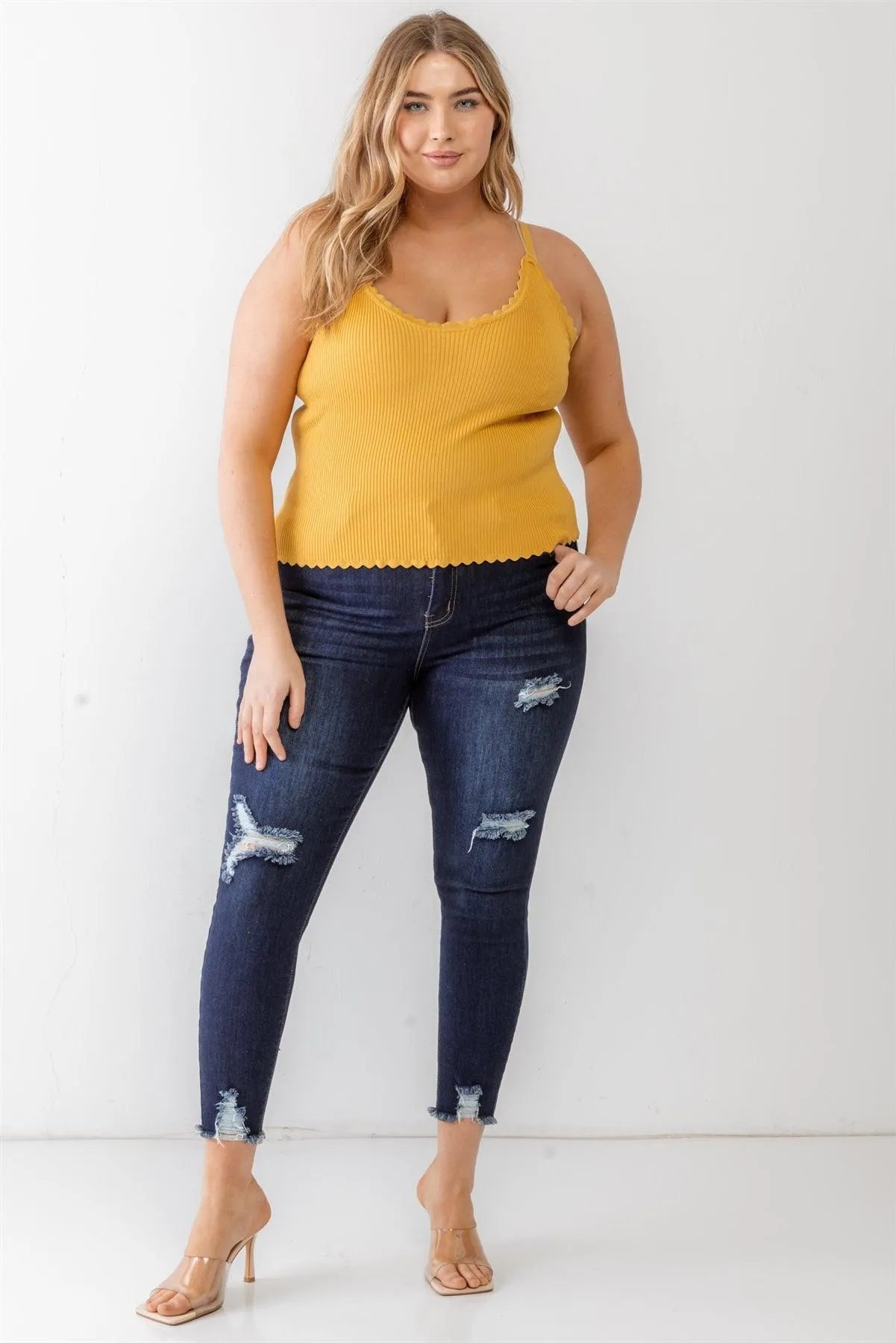 Junior Plus Mustard Ribbed Ruffle Strappy Top /2-1-1 - Tasha Apparel Wholesale