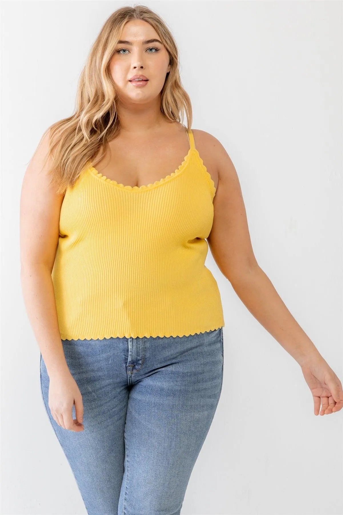 Plus Size Yellow Striped Ribbed Ruffle Tank Top - Tasha Apparel Wholesale