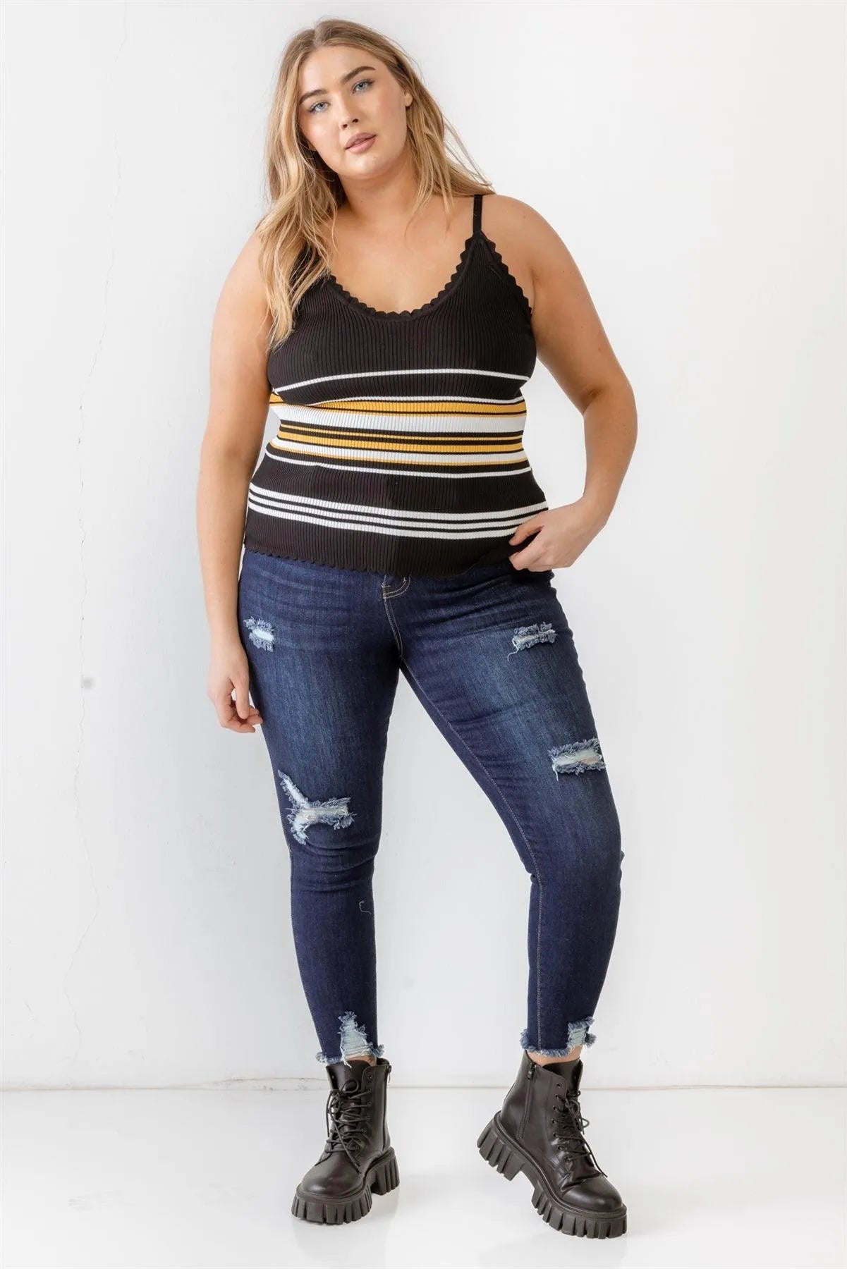 Plus Size Black Striped Ribbed Ruffle Tank Top - Tasha Apparel Wholesale